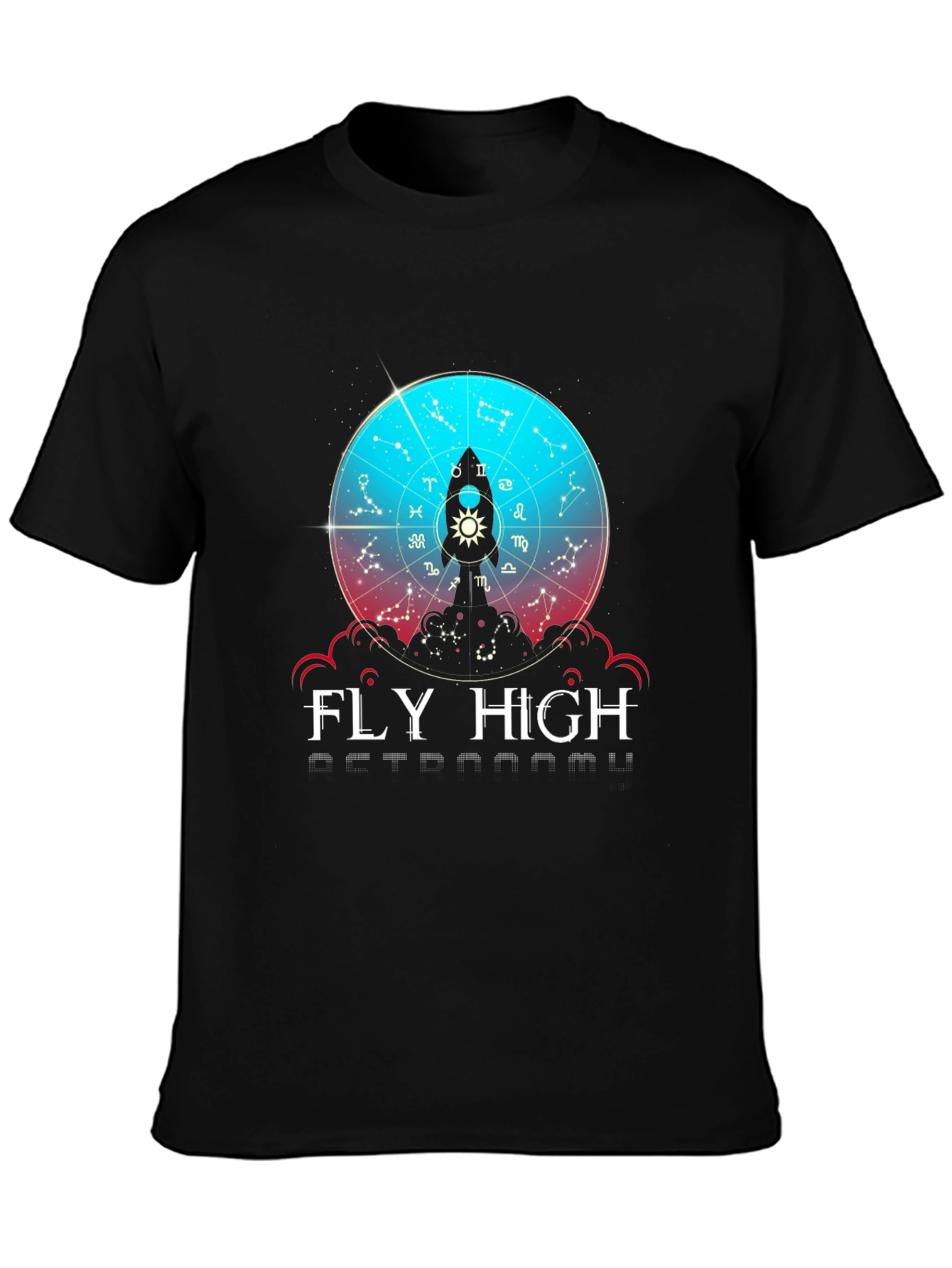 Black Fly High Astronomy T-Shirt - Zodiac Rocket Design view 3