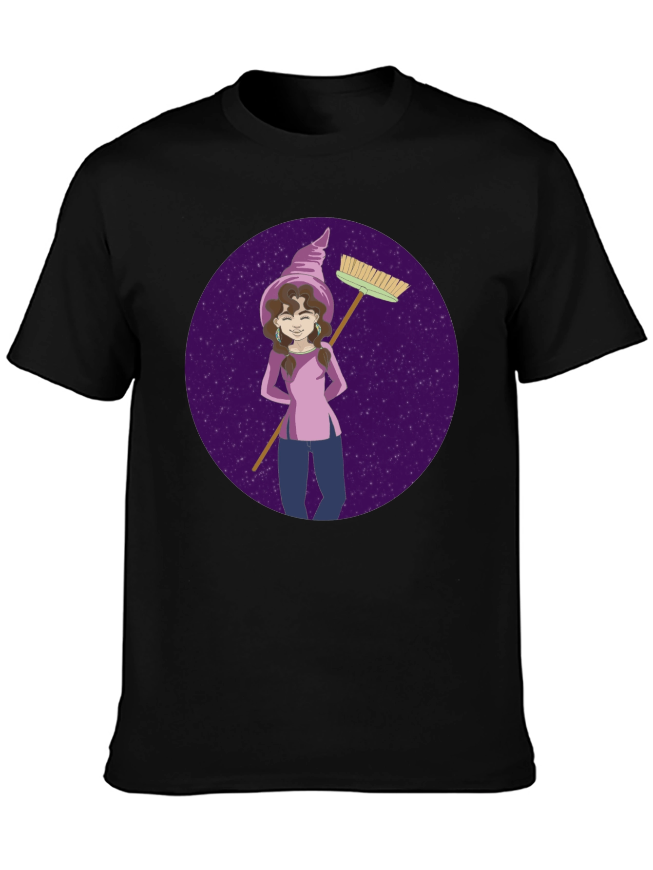 Black Whimsical Witch Graphic Tee - Broom & Stars Design view 3