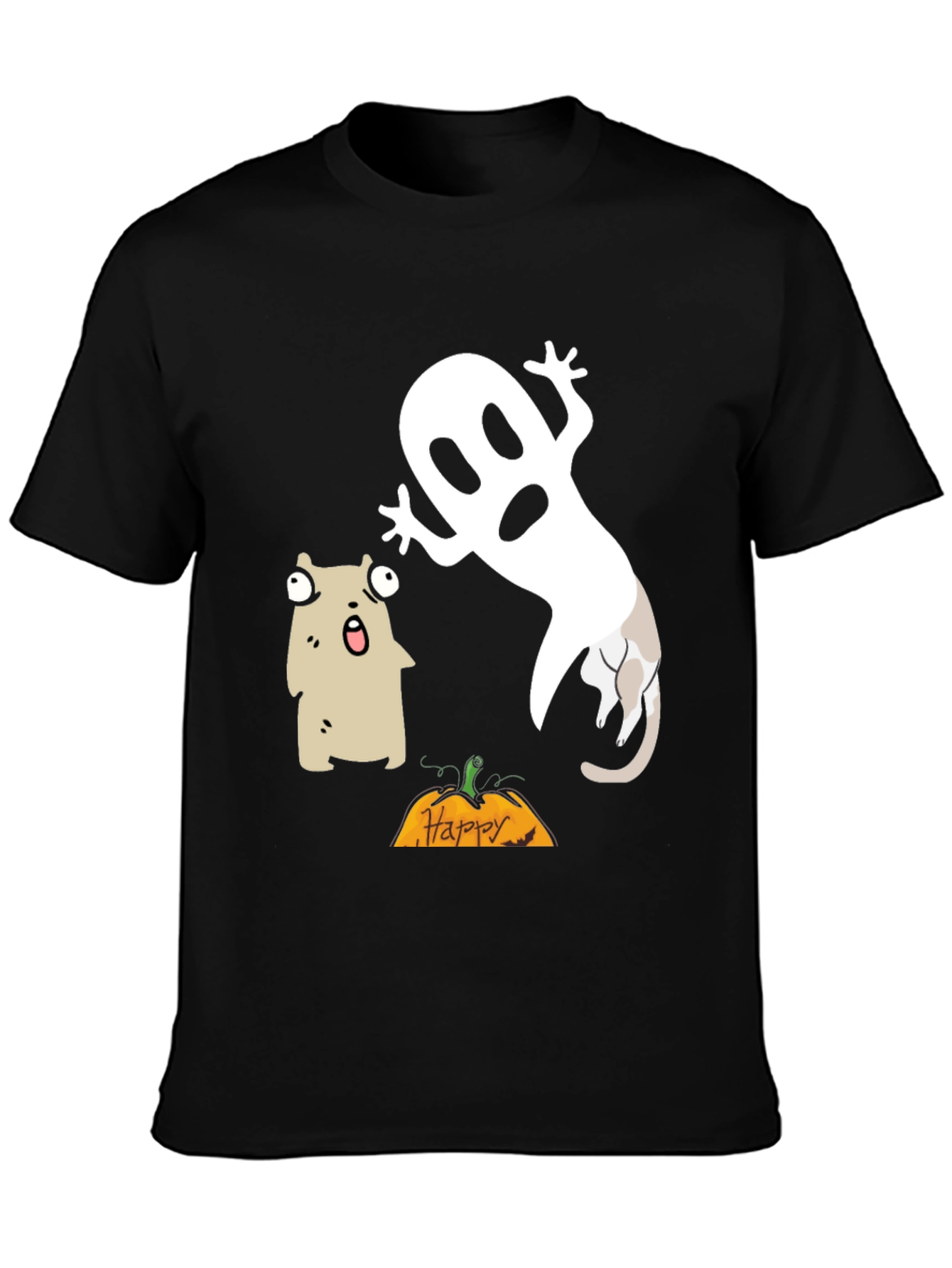 Black Halloween Ghost & Cat T-Shirt view 3