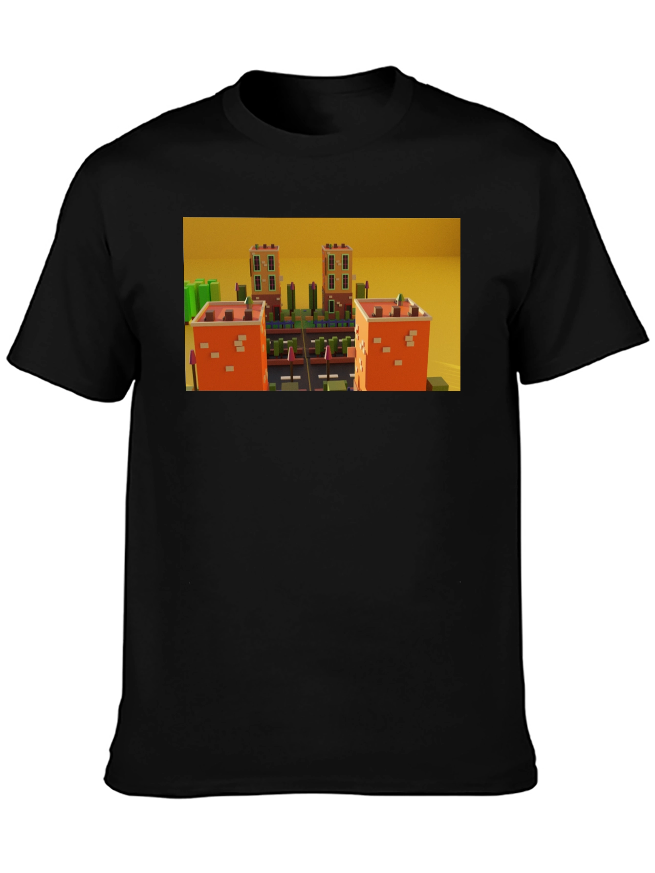 Black Black T-Shirt with 3D Cityscape Design view 3
