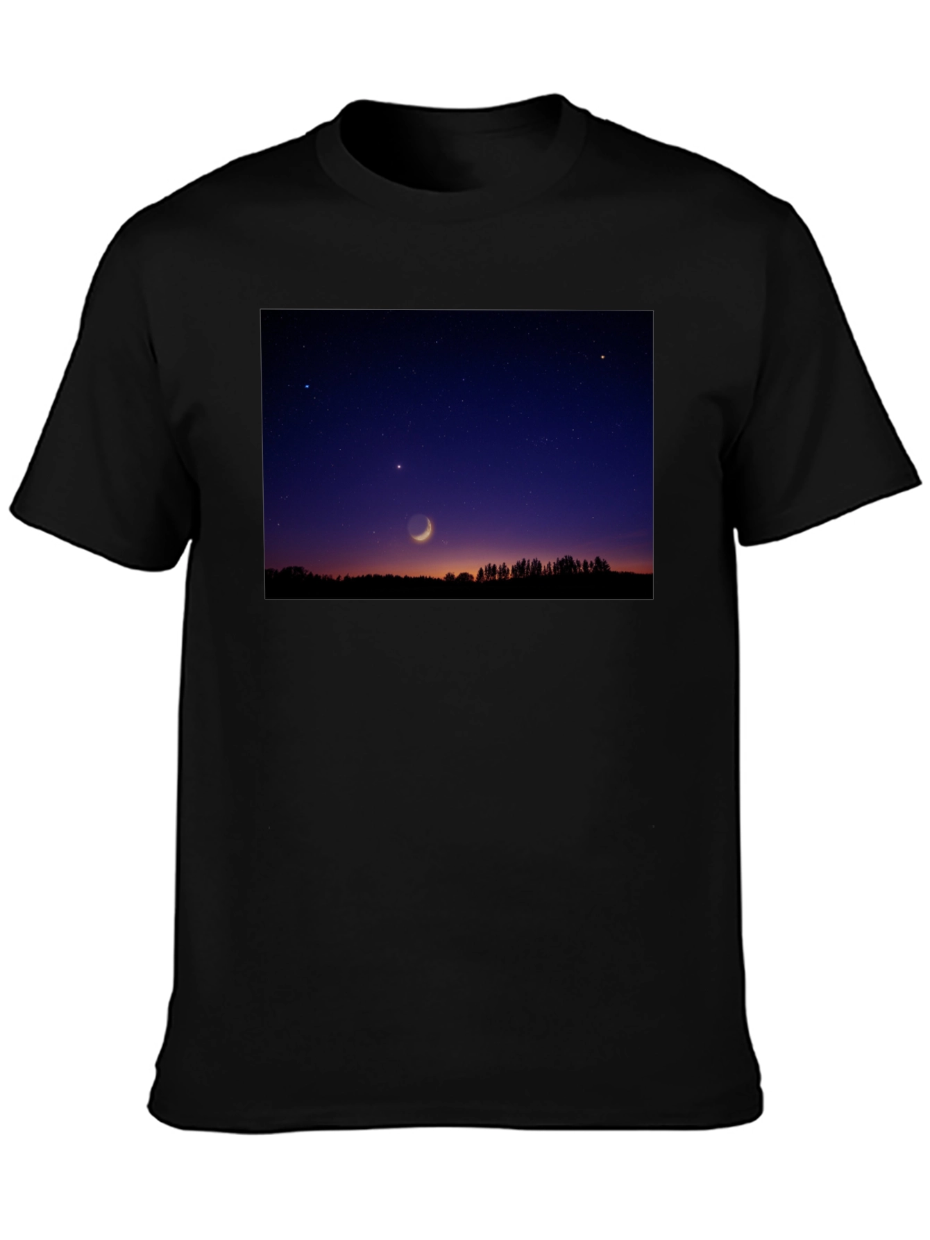 Black Men's Black T-Shirt with Night Sky Crescent Moon Design view 3