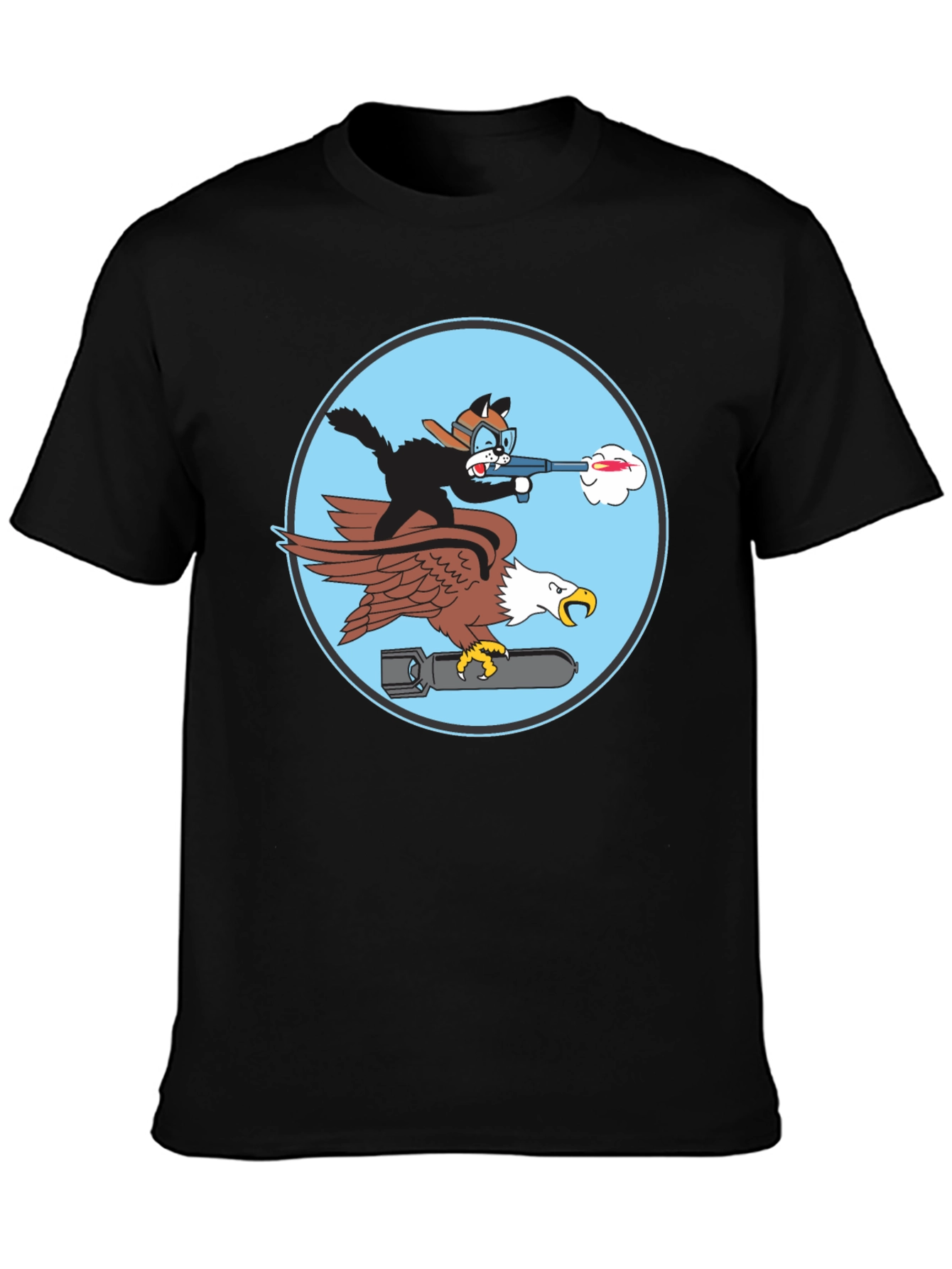Black Cartoon Cat & Eagle T-Shirt - Funny Graphic Tee view 3