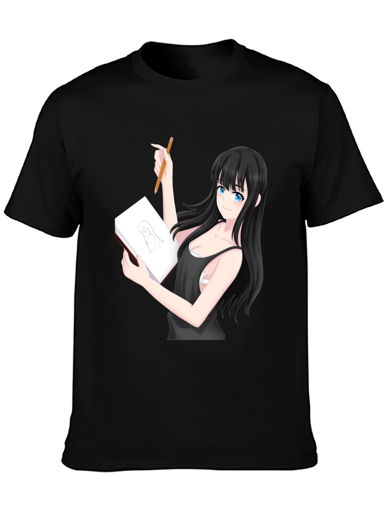 Black Anime Girl Sketch T-Shirt - Unique Design view 3