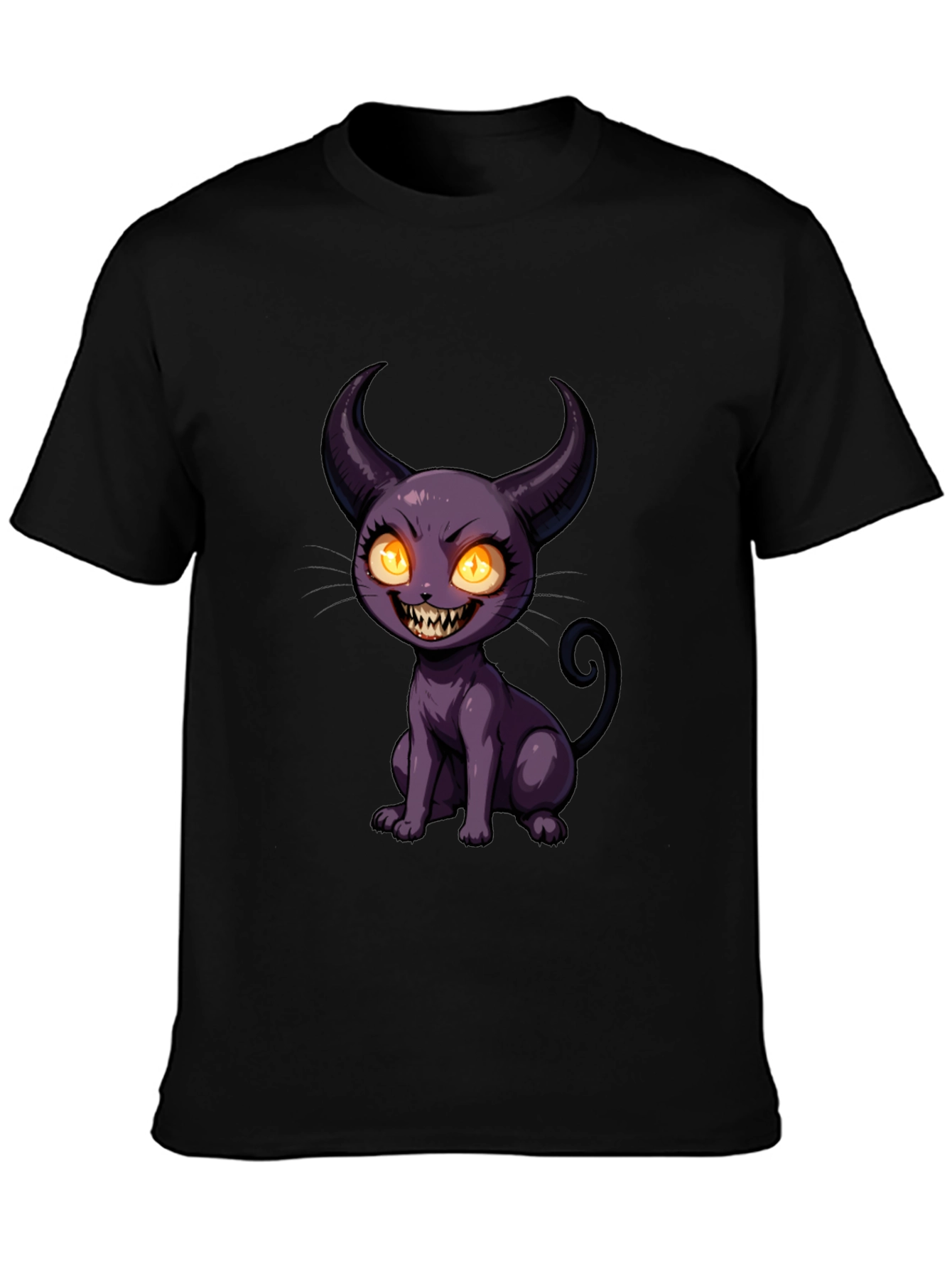 Black Black T-Shirt with Cartoon Devil Cat Print view 3