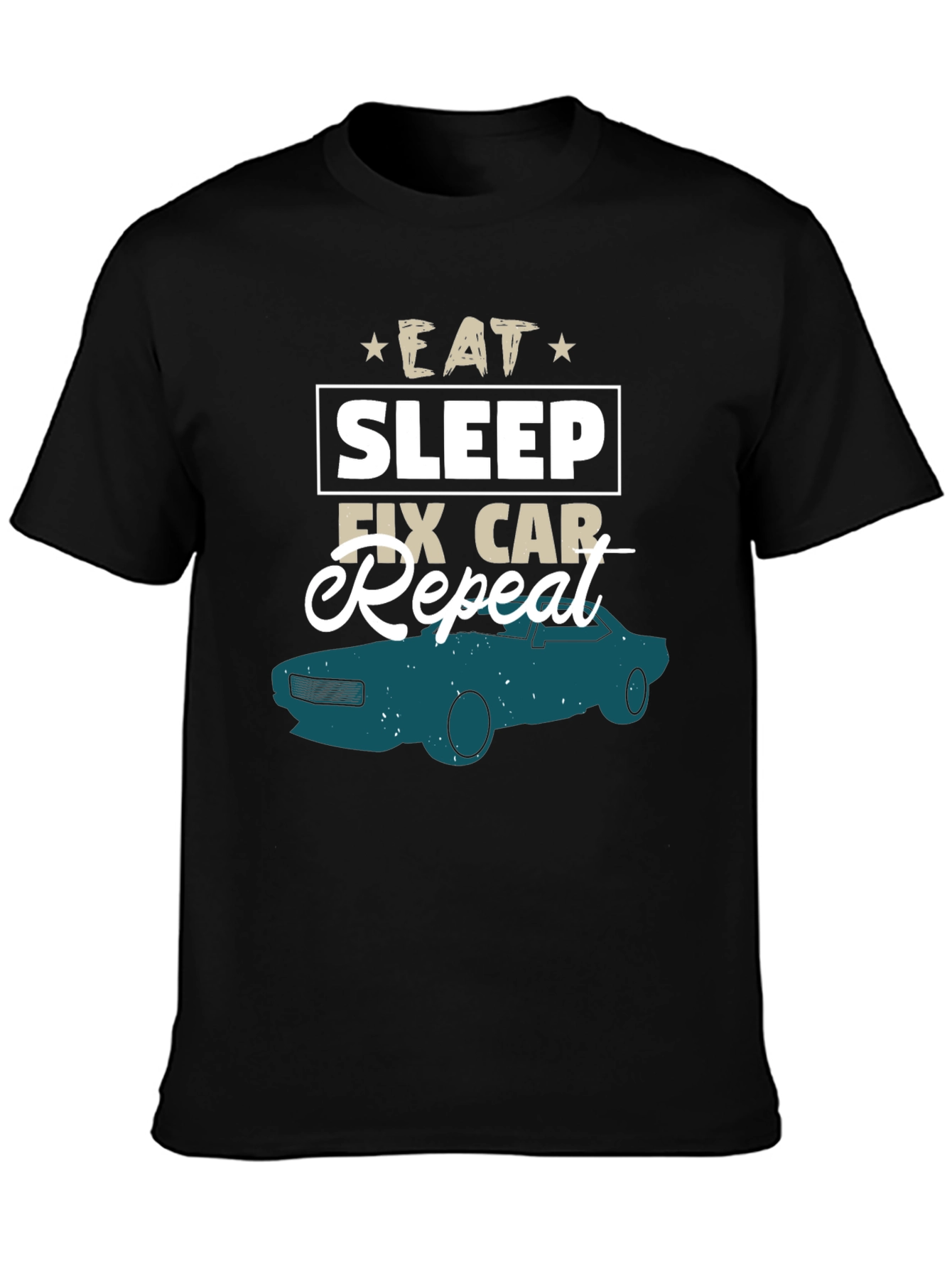 Black Eat Sleep Fix Car Repeat Graphic Tee view 3