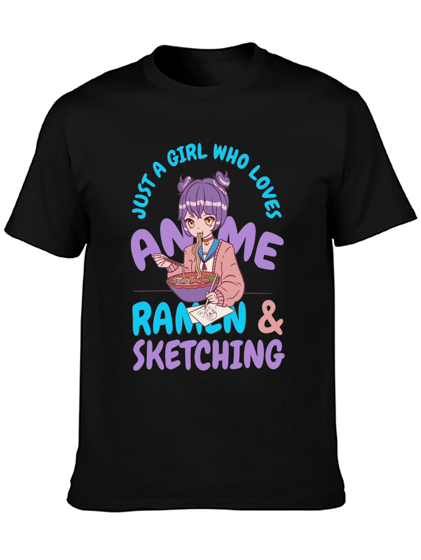 Black Anime Ramen Sketching Graphic T-Shirt view 3