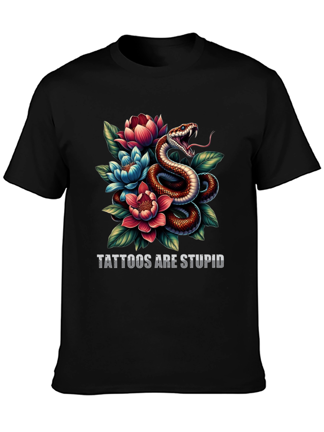 Black Snake & Floral Graphic Tee - Tattoos are Stupid view 3