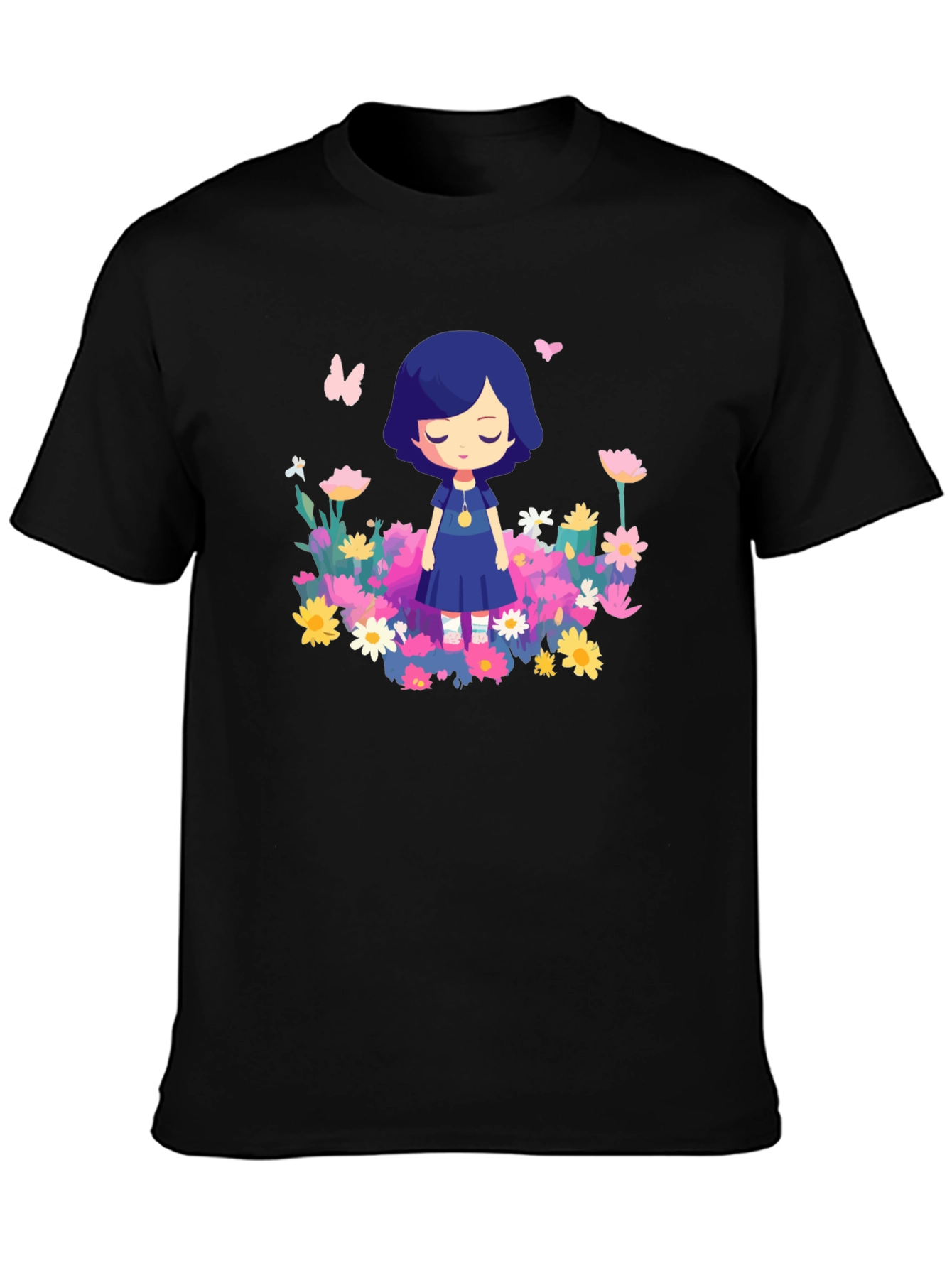 Black Floral Cartoon Graphic Black T-Shirt view 3