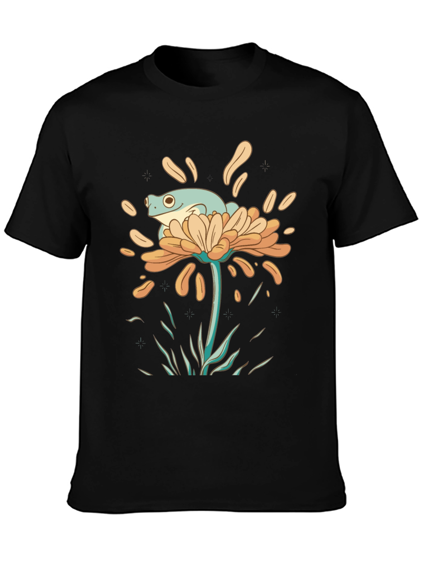 Black Frog on Flower Graphic Tee - Black Cotton T-Shirt view 3