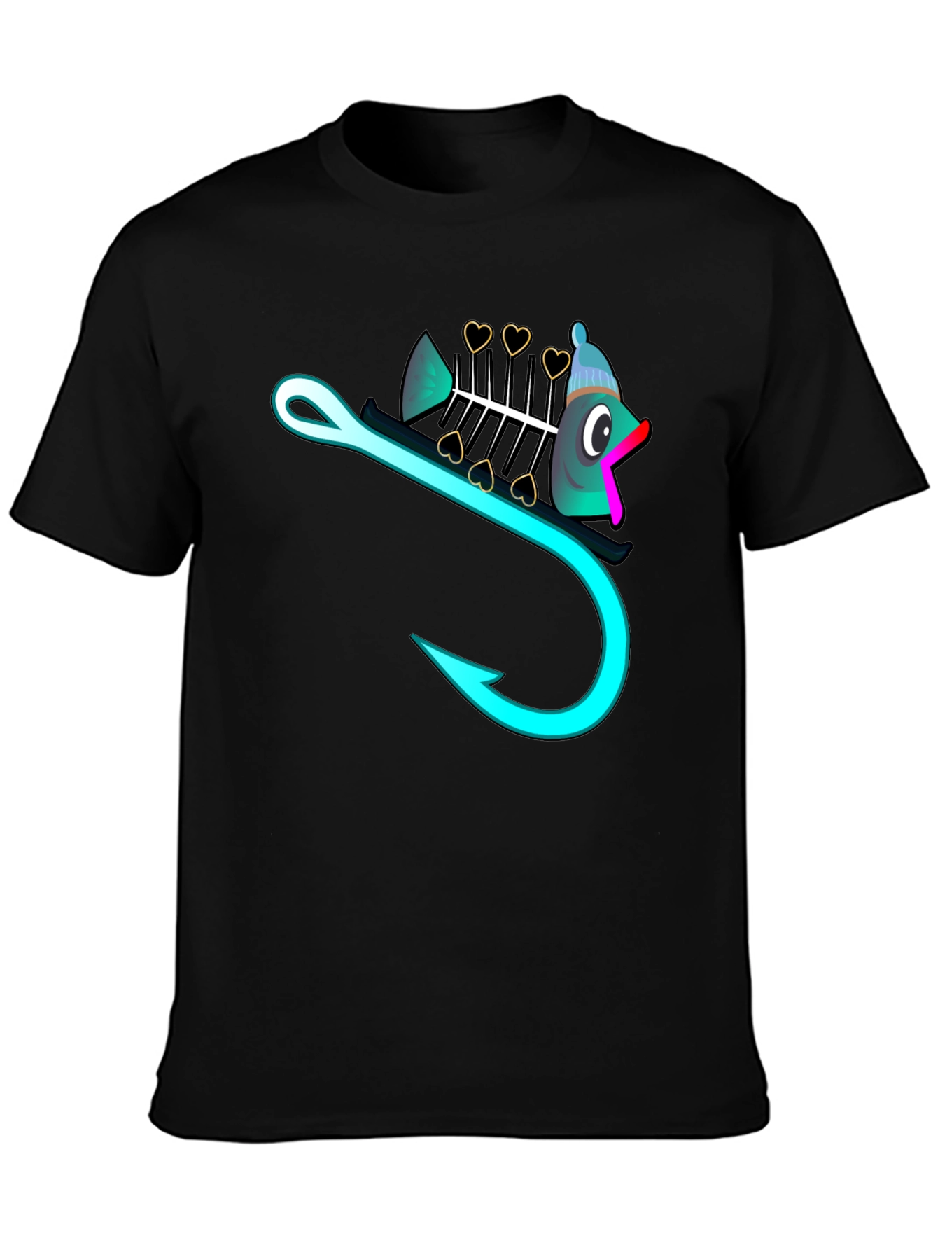 Black Funny Fishbone Hook Graphic T-Shirt view 3