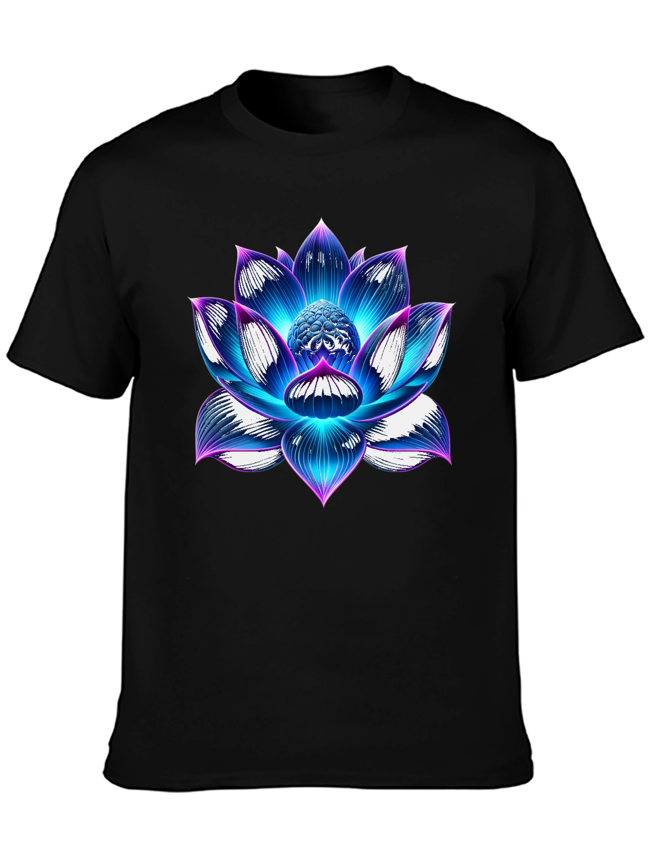 Black Blue Lotus Flower Graphic T-Shirt - Artistic Design view 3