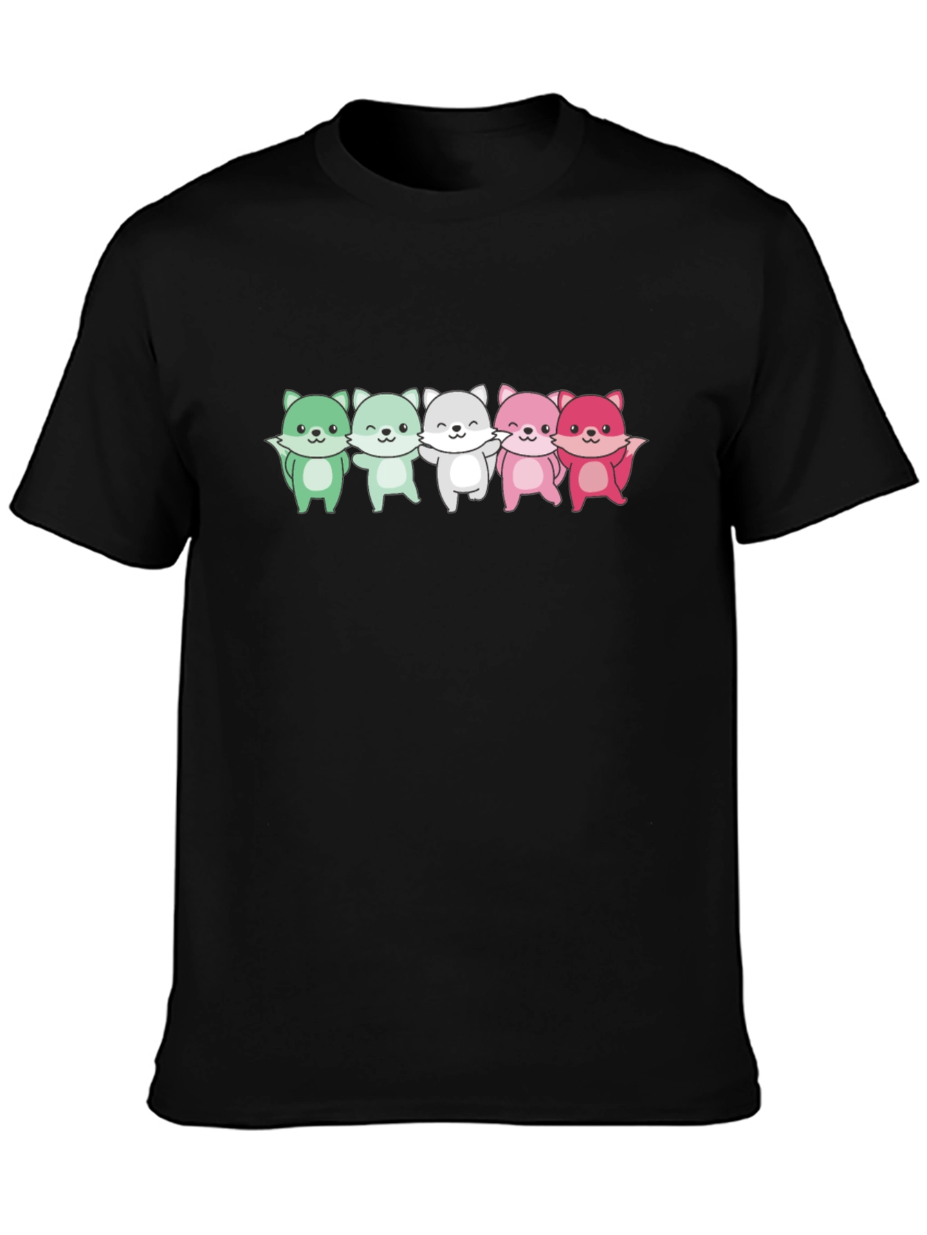 Black Cute Cartoon Foxes Black T-Shirt view 3