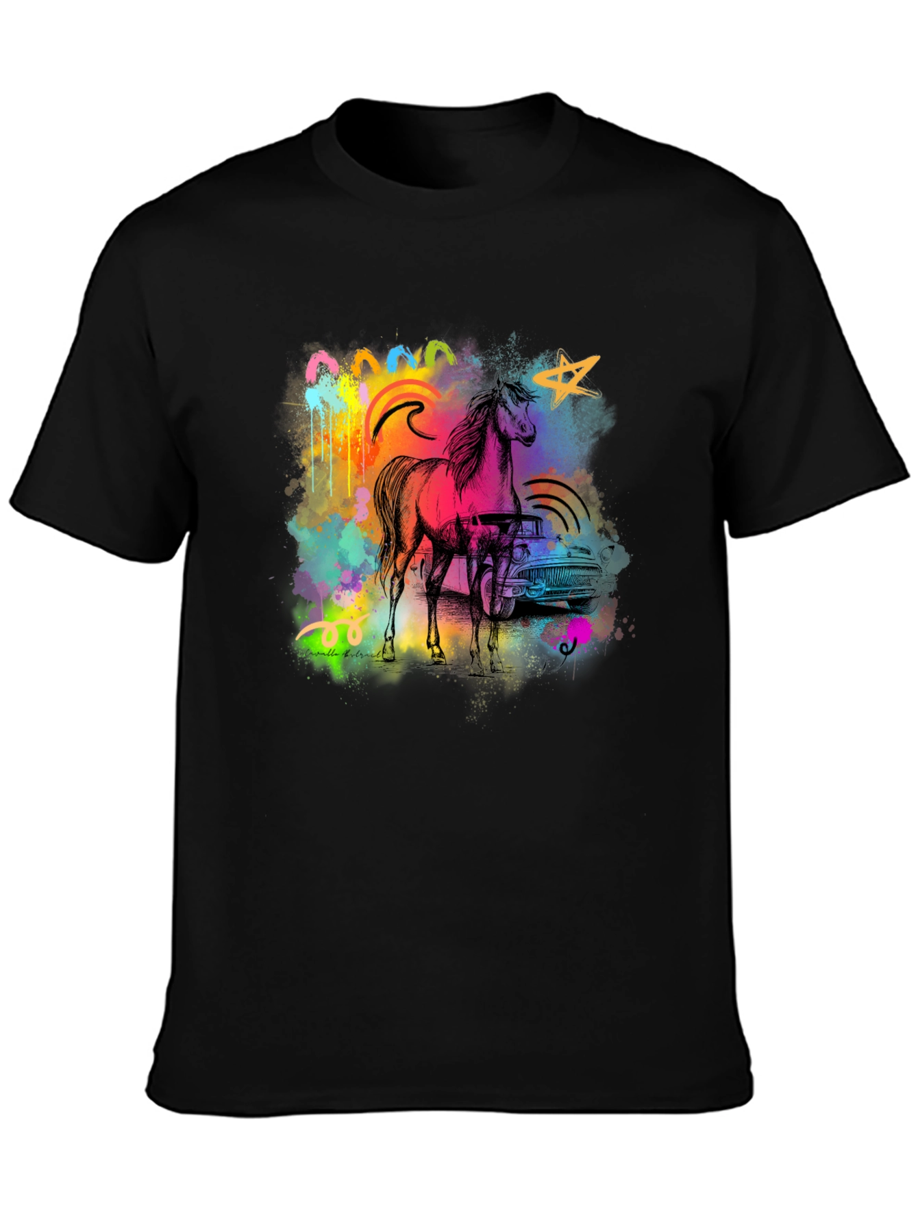 Black Vibrant Horse & Car Graphic Print Black T-Shirt view 3