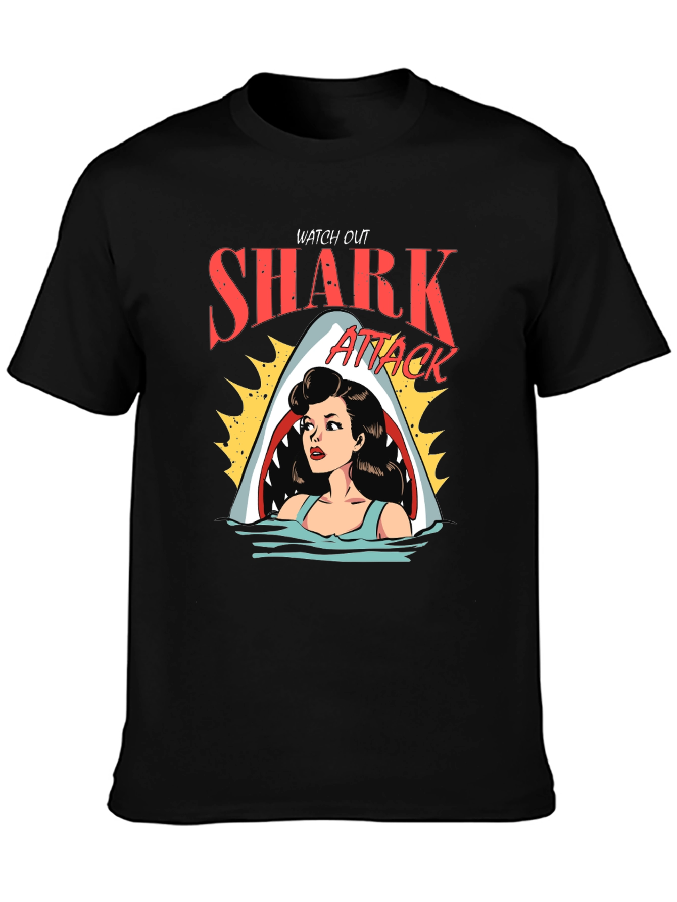 Black Shark Attack Cartoon Graphic Black T-Shirt view 3