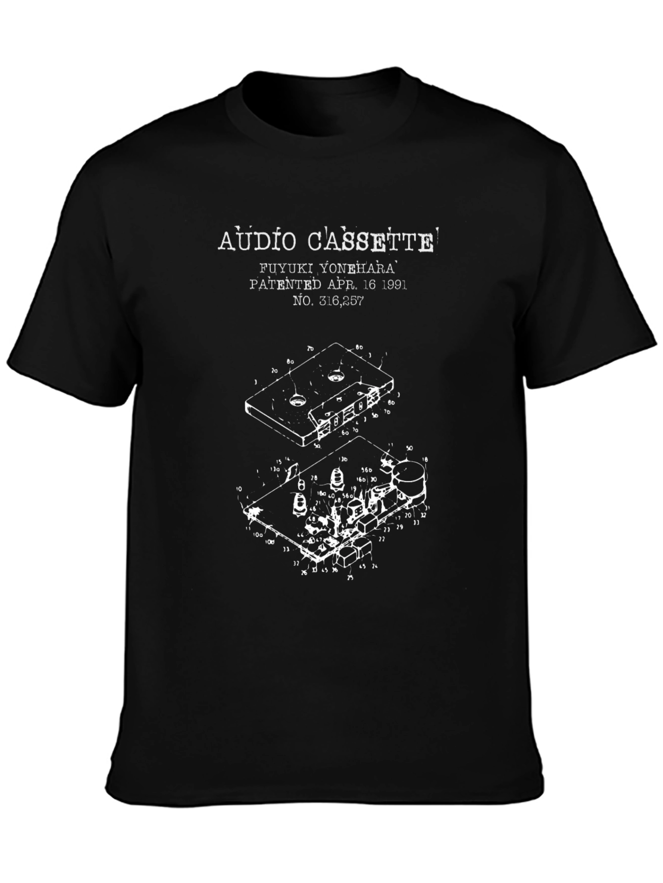 Black Audio Cassette Patent Print Black T-Shirt view 3