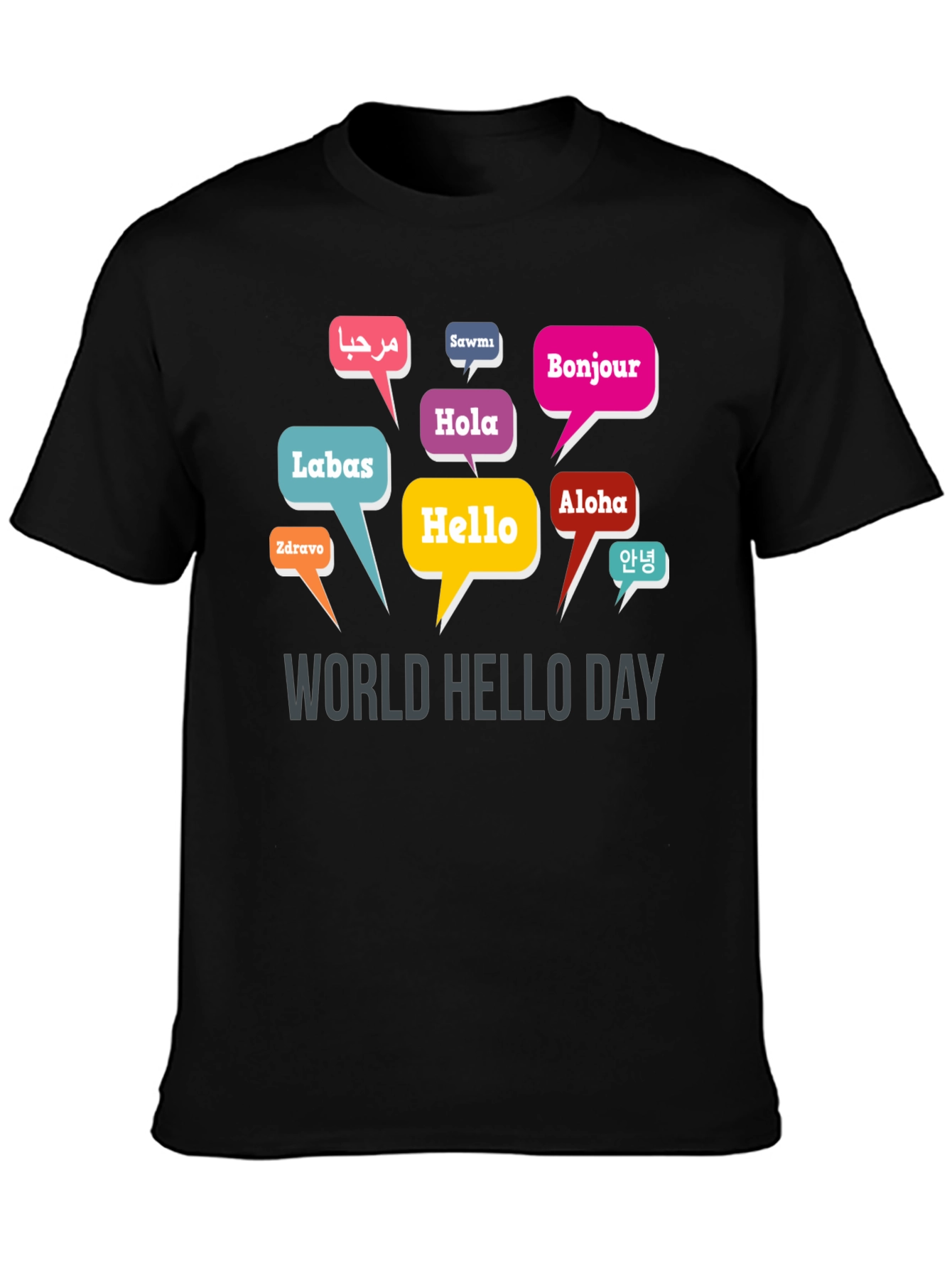 Black World Hello Day T-Shirt - Multilingual Greetings view 3