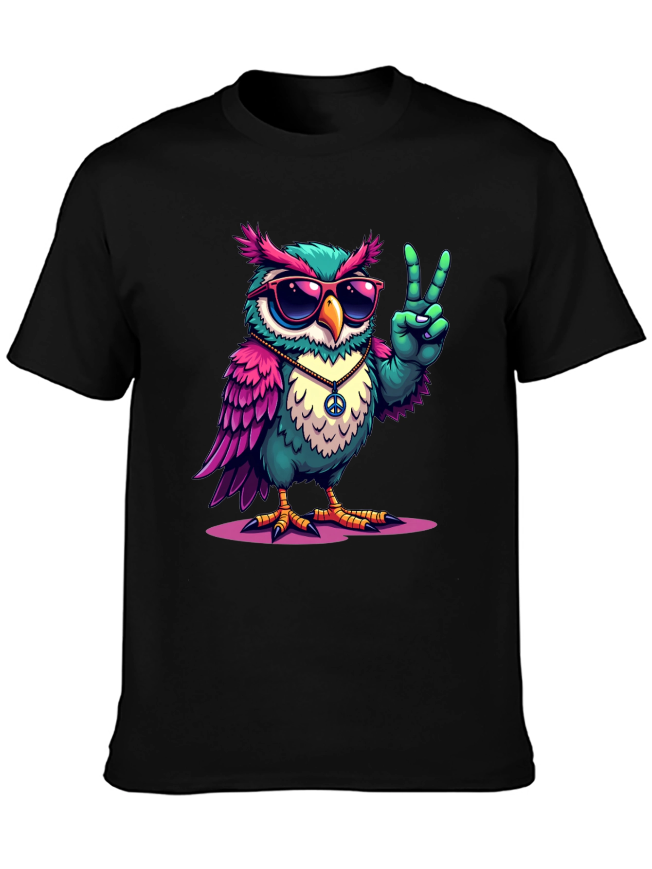 Black Cool Owl Peace Sign T-Shirt view 3