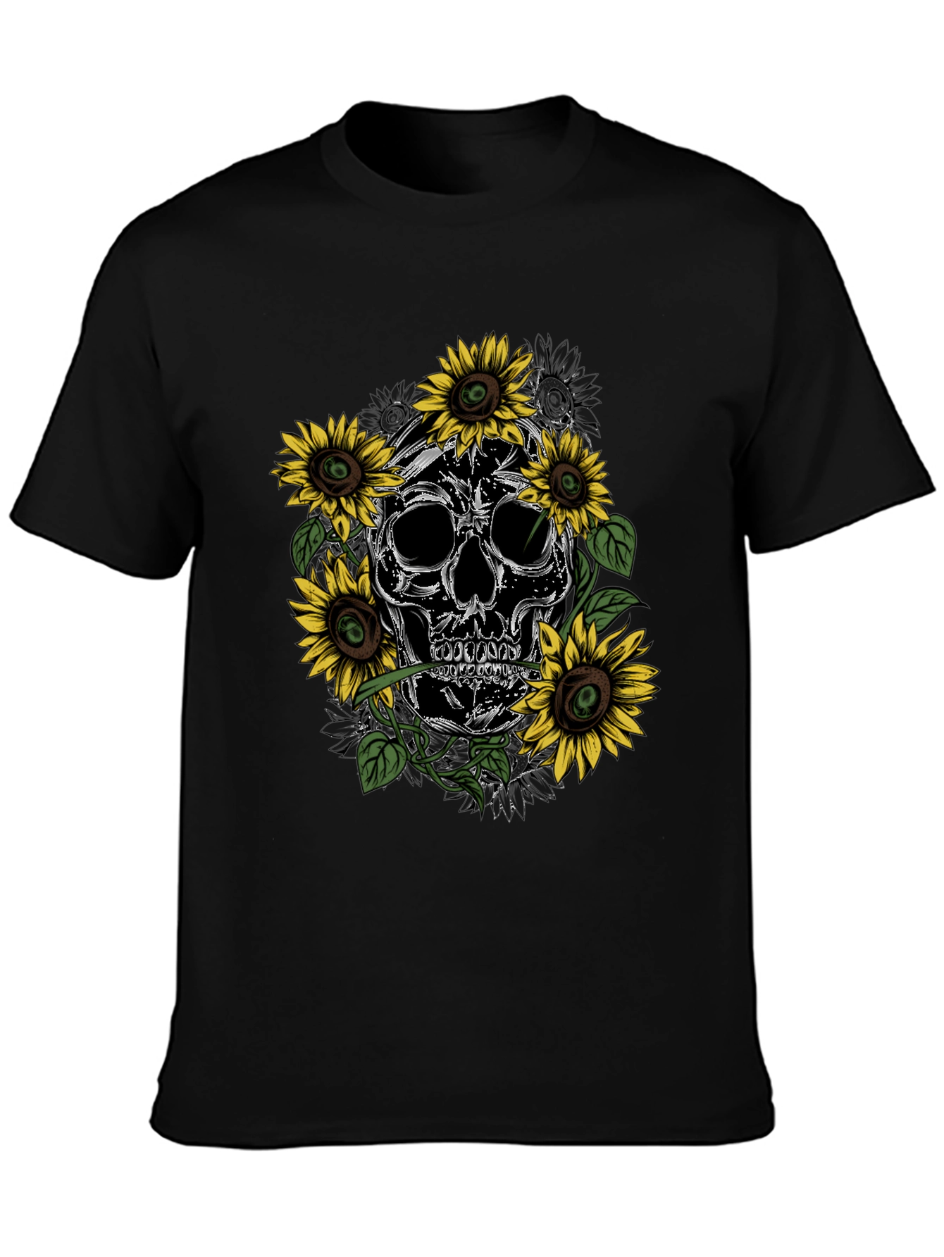 Black Skull & Sunflower Graphic Tee - Men's Black T-Shirt view 3