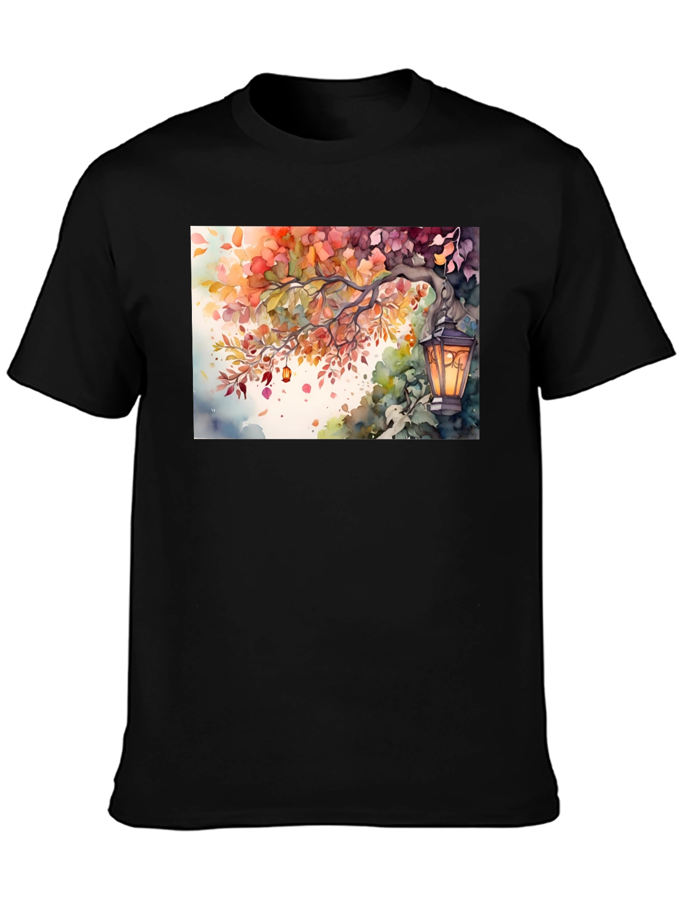 Black Watercolor Autumn Scene T-Shirt view 3