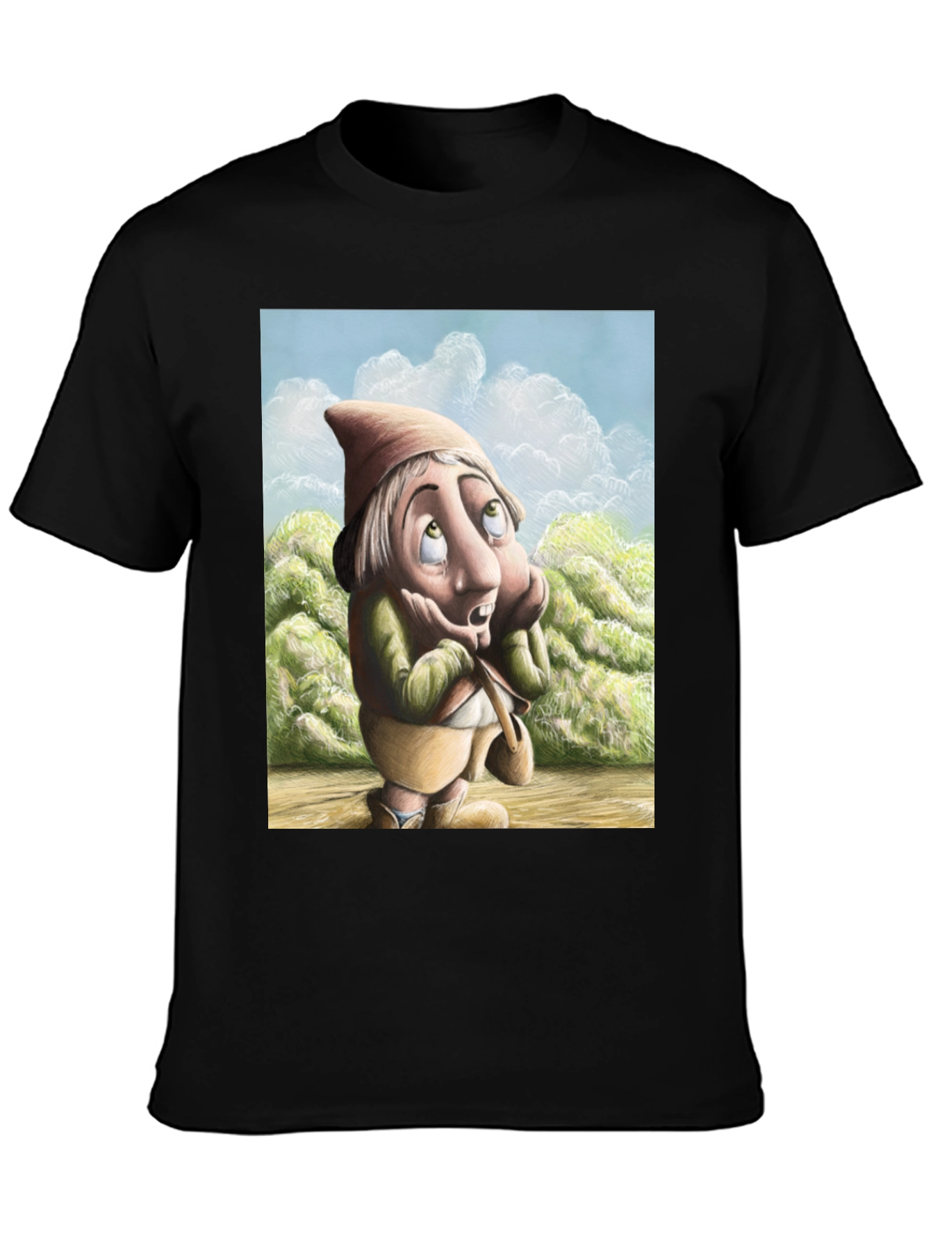 Black Whimsical Gnome T-Shirt - Unique Cartoon Design view 3