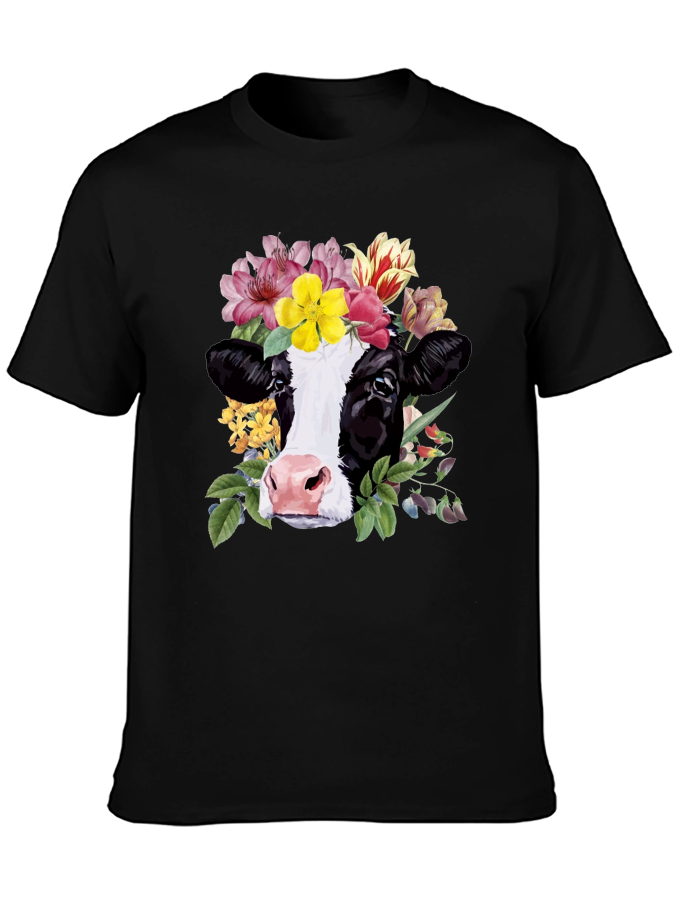 Black Floral Cow Graphic Tee - Unisex Black T-Shirt view 3