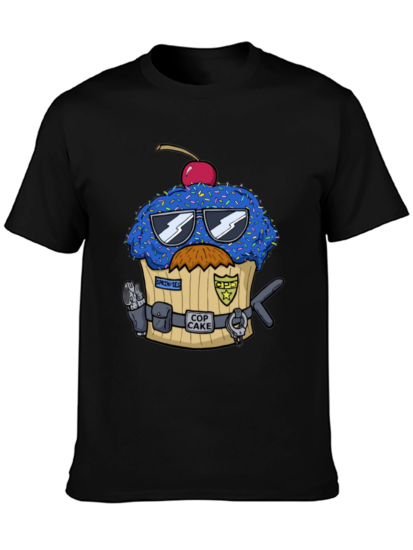 Black Cop Cake Graphic Tee - Humorous Police Cupcake T-Shirt view 3