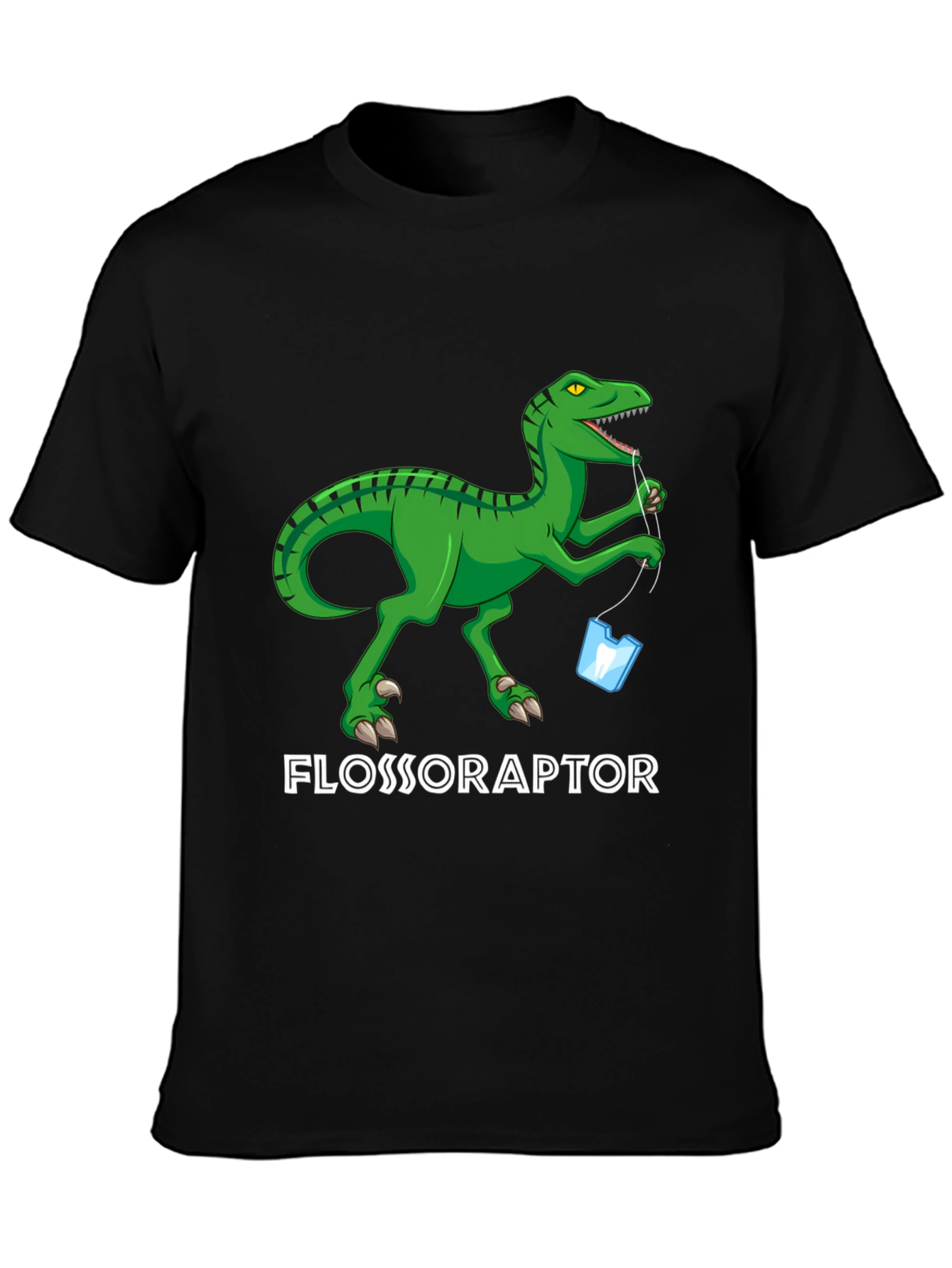 Black Flossoraptor Graphic Tee - Dental Humor Dinosaur T-Shirt view 3