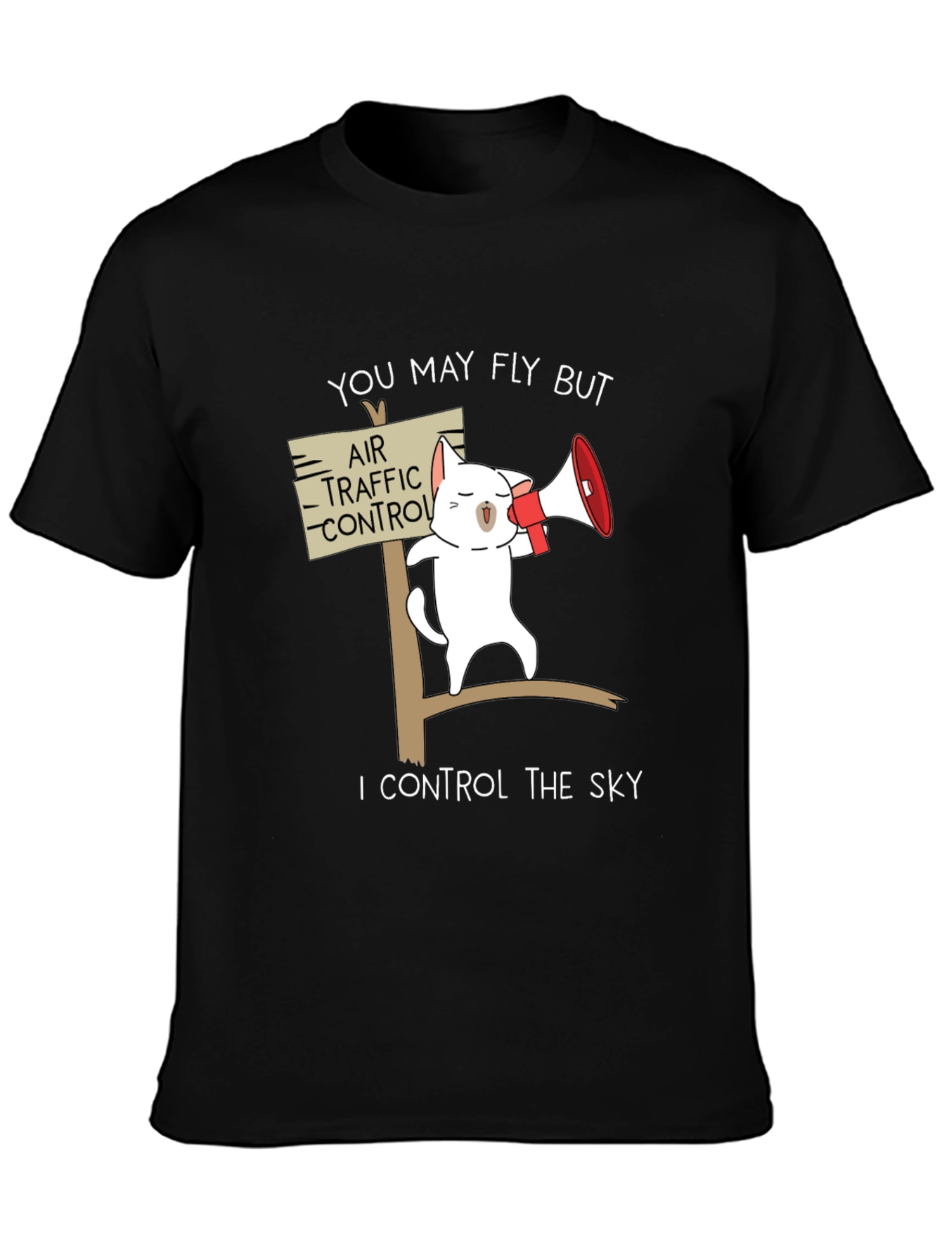 Black Funny Air Traffic Control Cat T-Shirt view 3