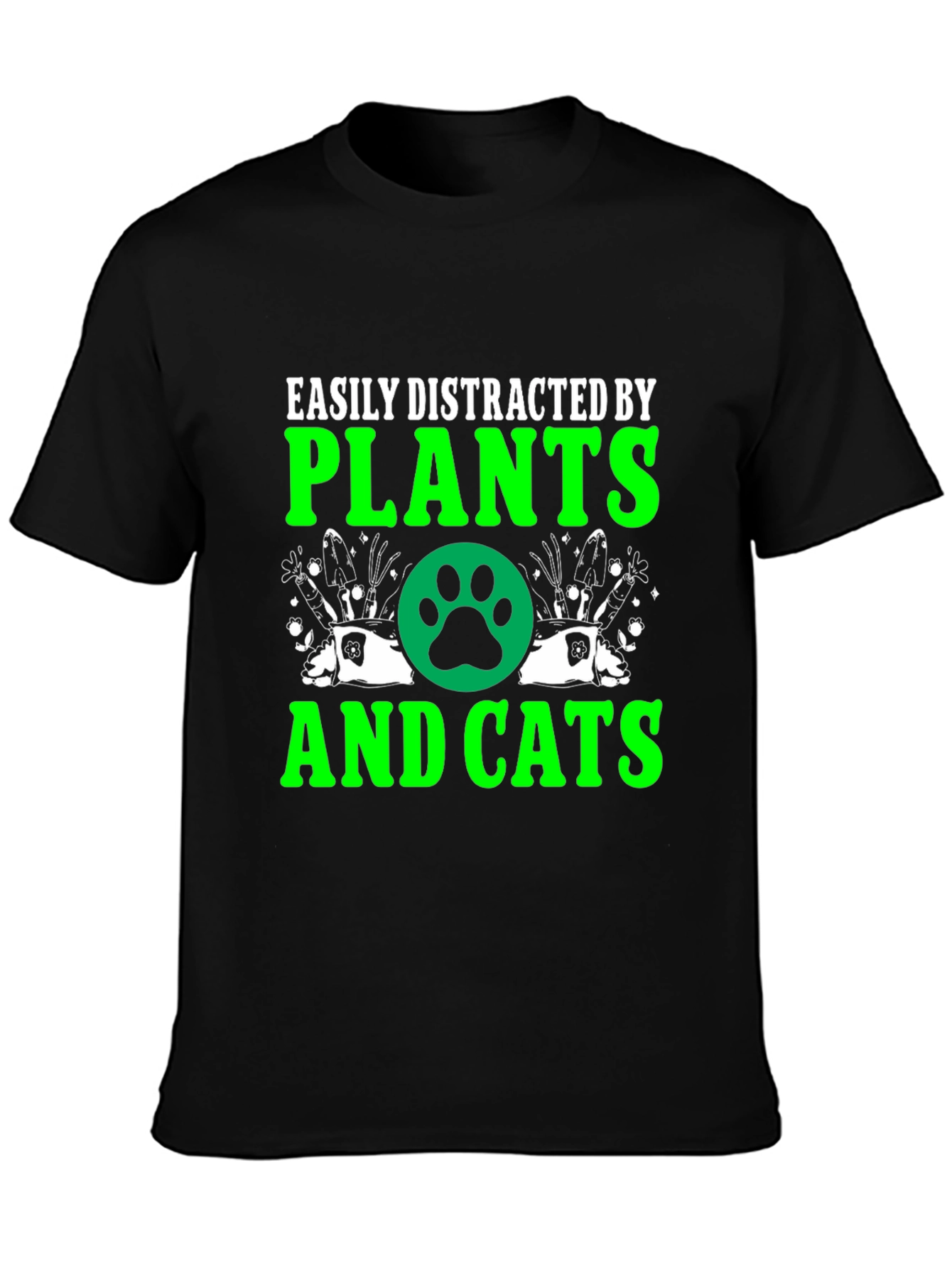 Black Easily Distracted by Plants and Cats T-Shirt view 3