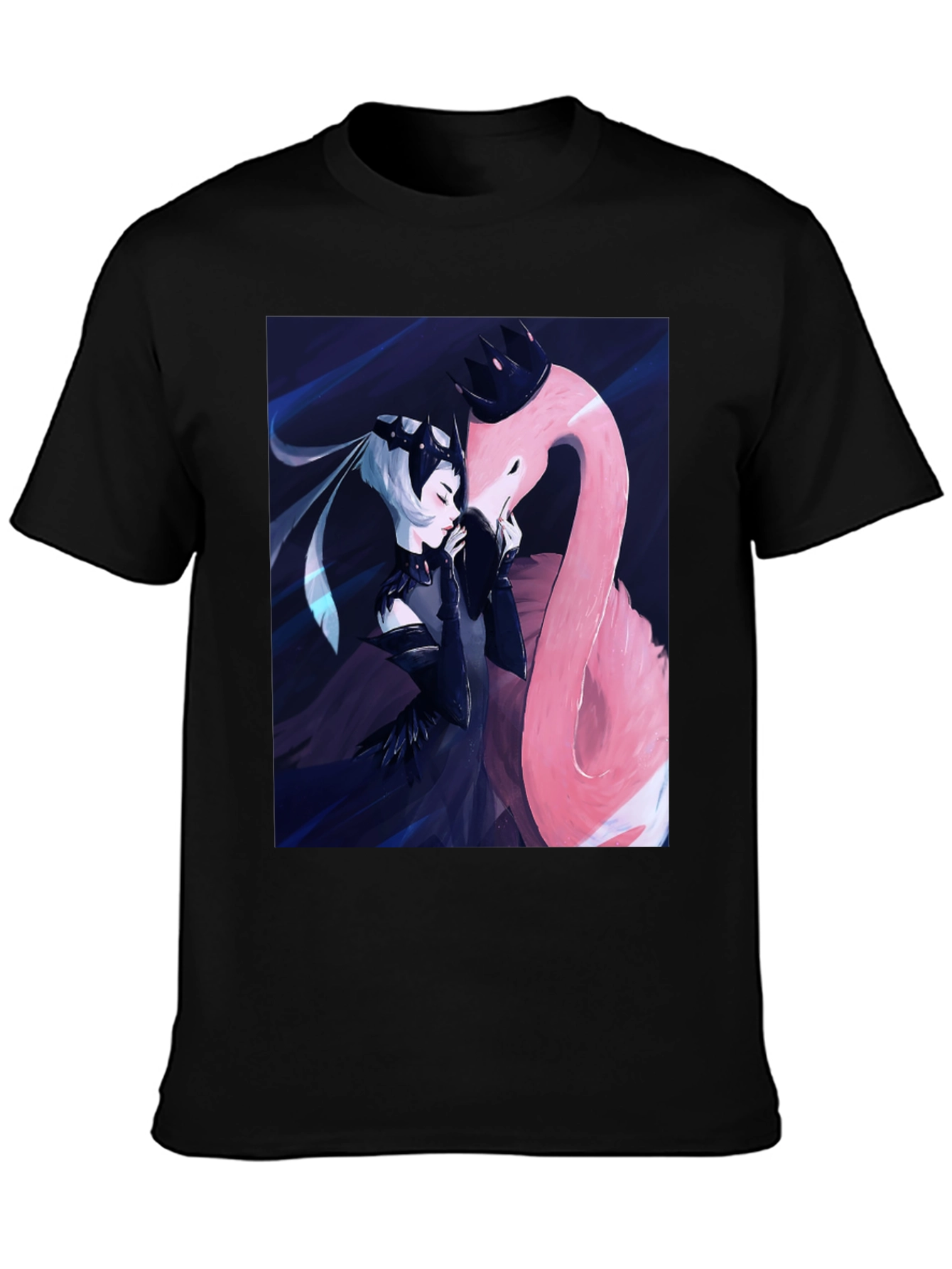 Black Black T-Shirt with Fantasy Flamingo Design view 3