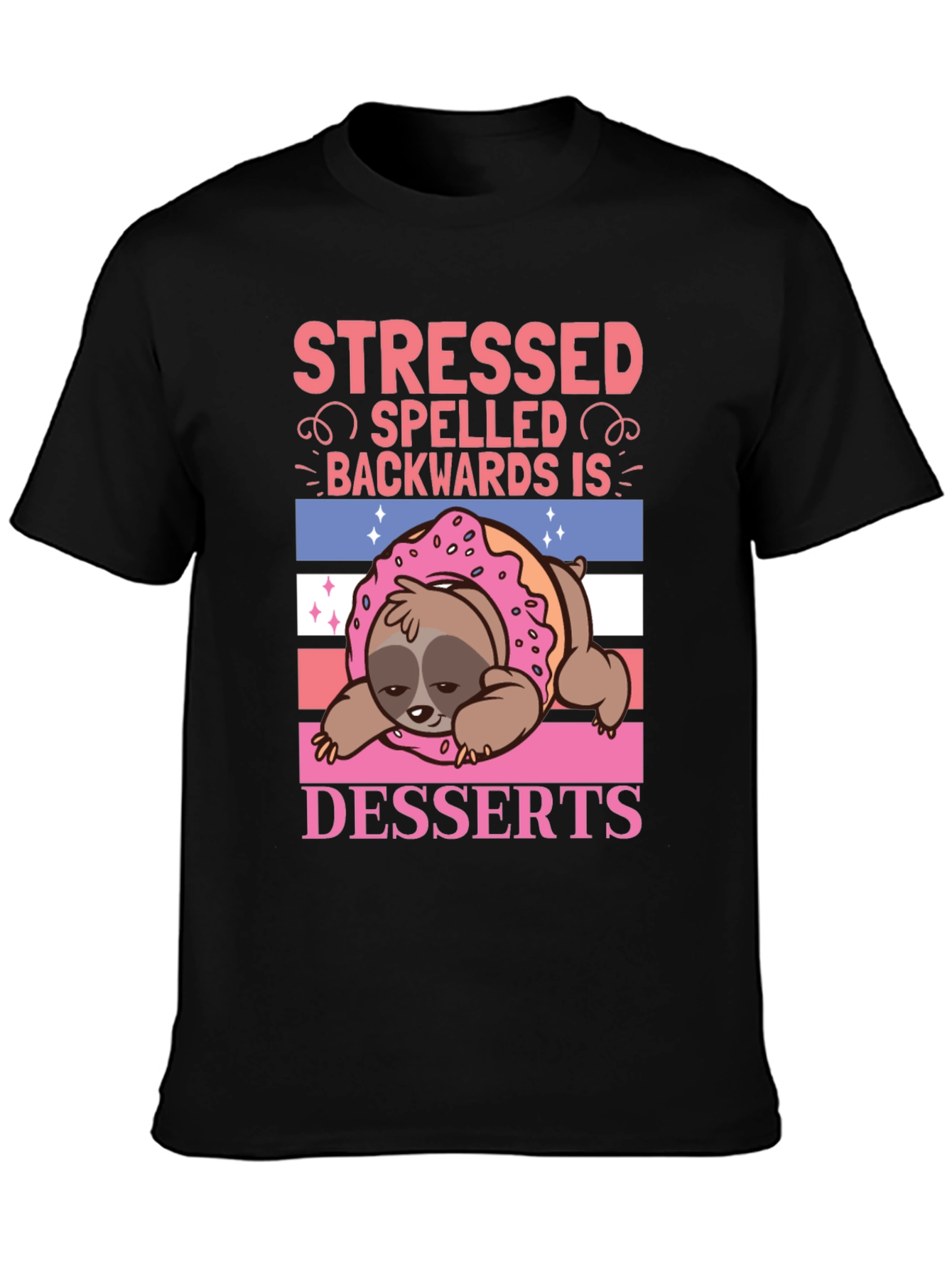 Black Stressed Backwards Desserts Sloth T-Shirt view 3