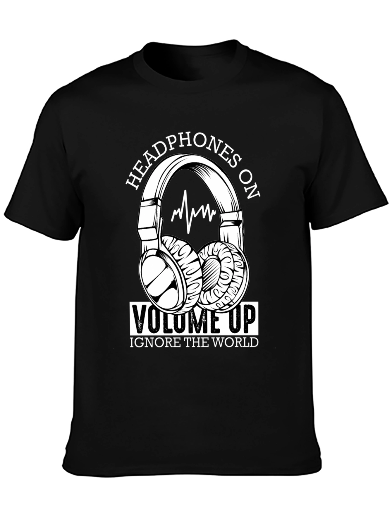 Black Headphones On Volume Up Black T-Shirt view 3