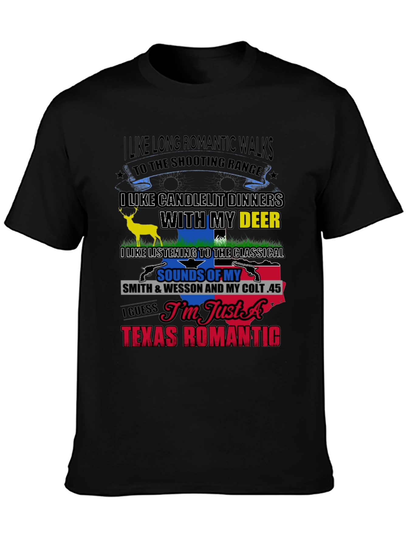 Black Texas Romantic T-Shirt: Guns & Deer view 3