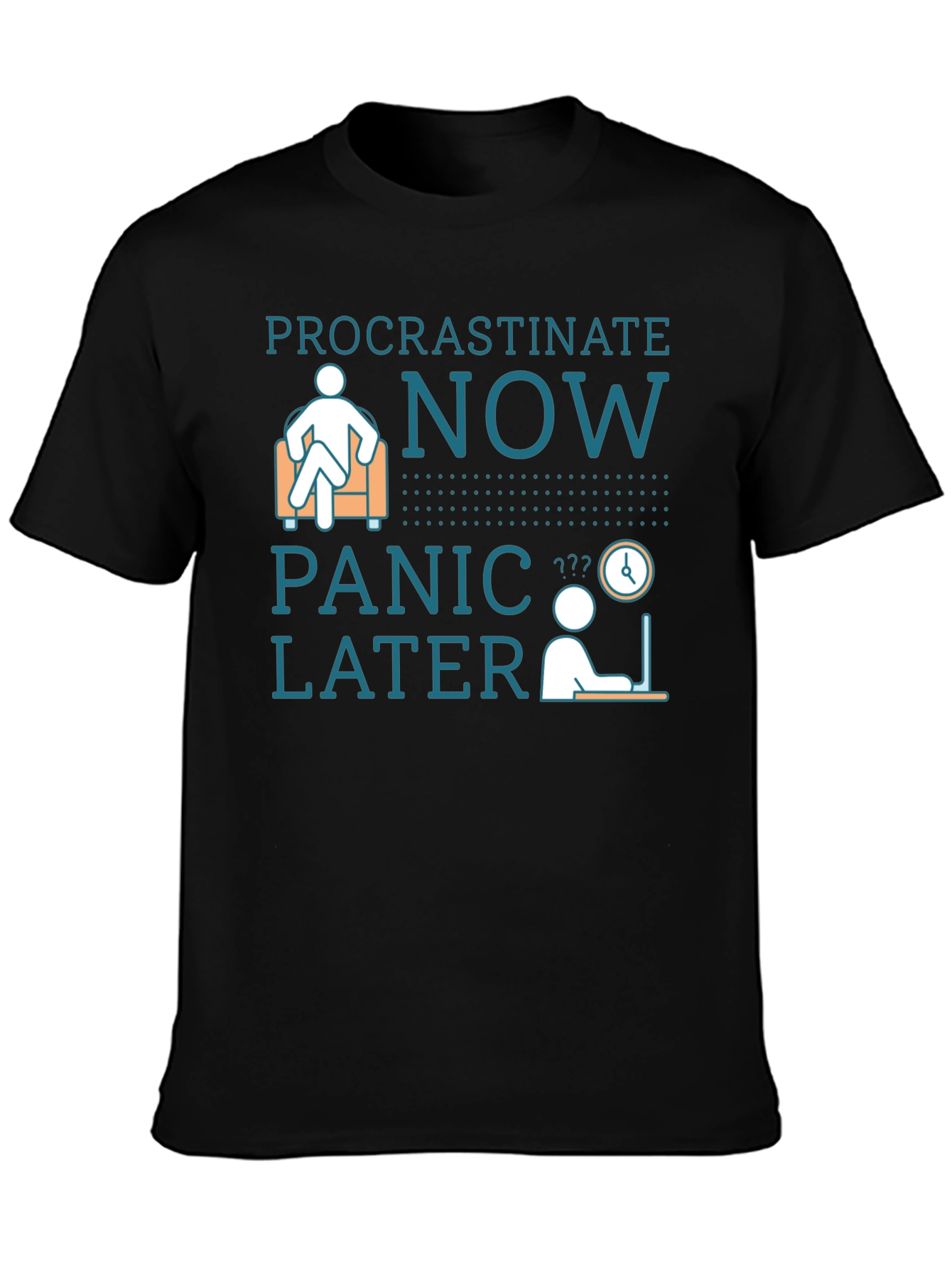 Black Procrastinate Now Panic Later Men's Graphic T-Shirt view 3