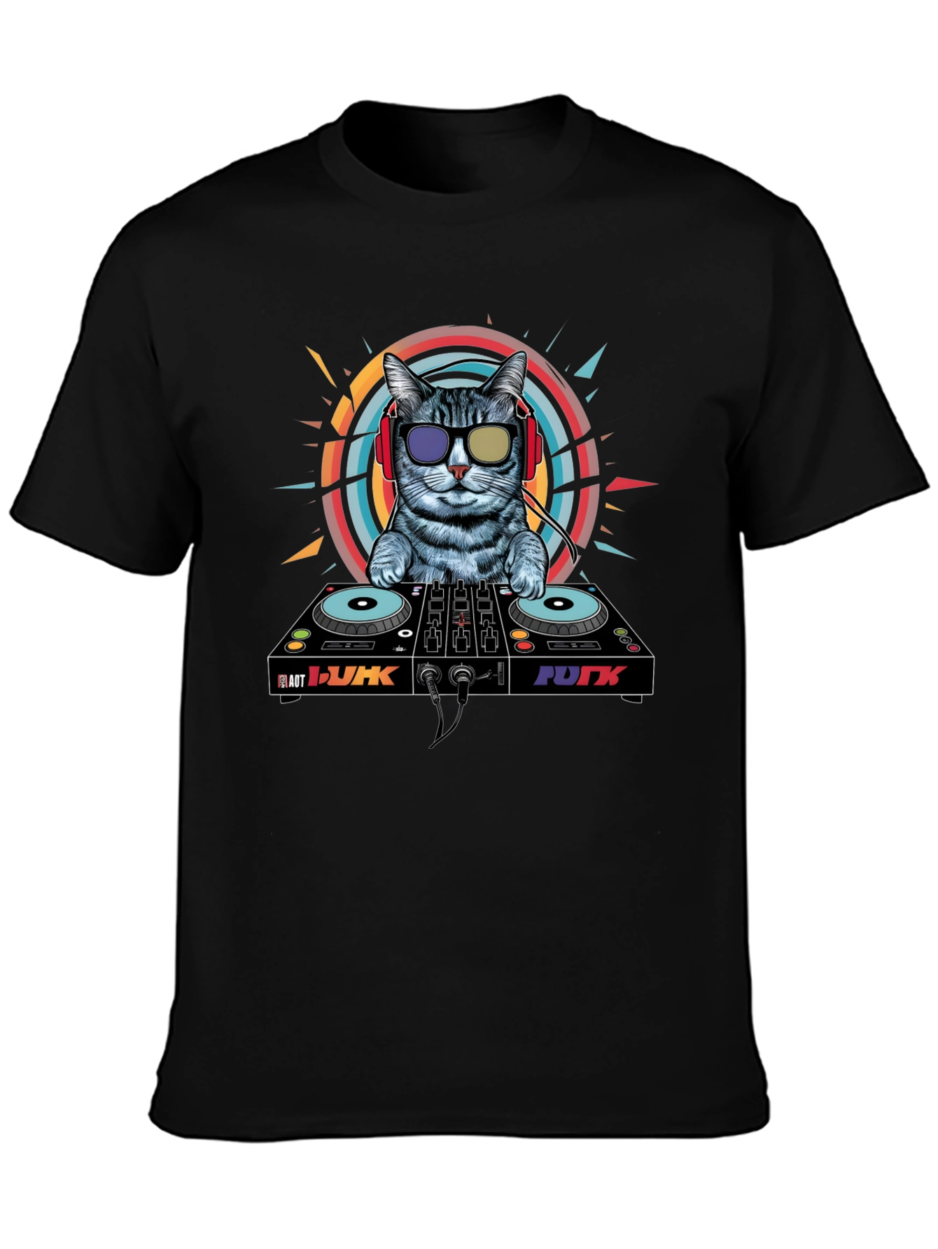 Black DJ Cat Graphic Tee - Cool Musician Cat T-Shirt view 3