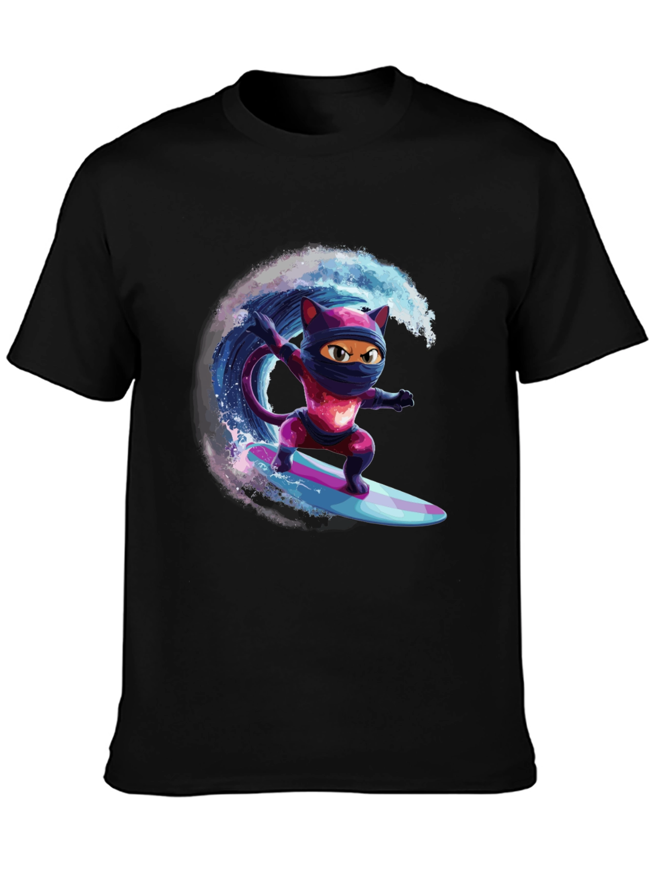 Black Ninja Cat Surfing T-Shirt - Cool Graphic Tee view 3
