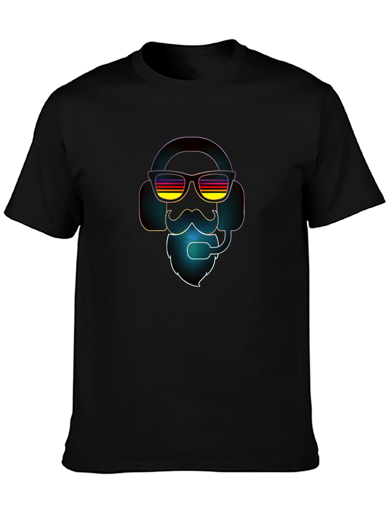 Black Retro Gamer T-Shirt - Headset, Beard, Sunglasses view 3
