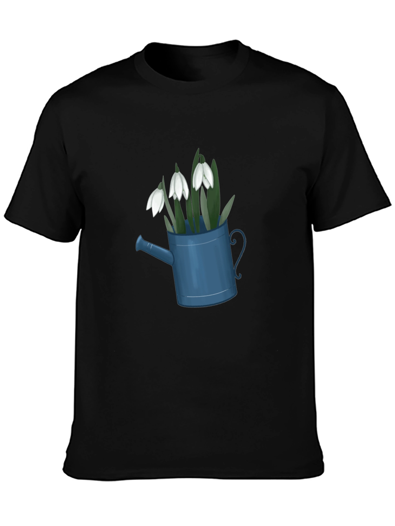 Black Snowdrop Flowers in Watering Can Black T-Shirt view 3