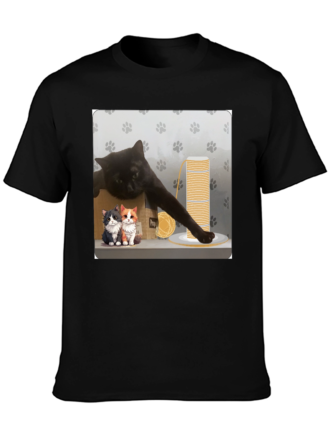 Black Cat Cartoon Graphic Black T-Shirt view 3