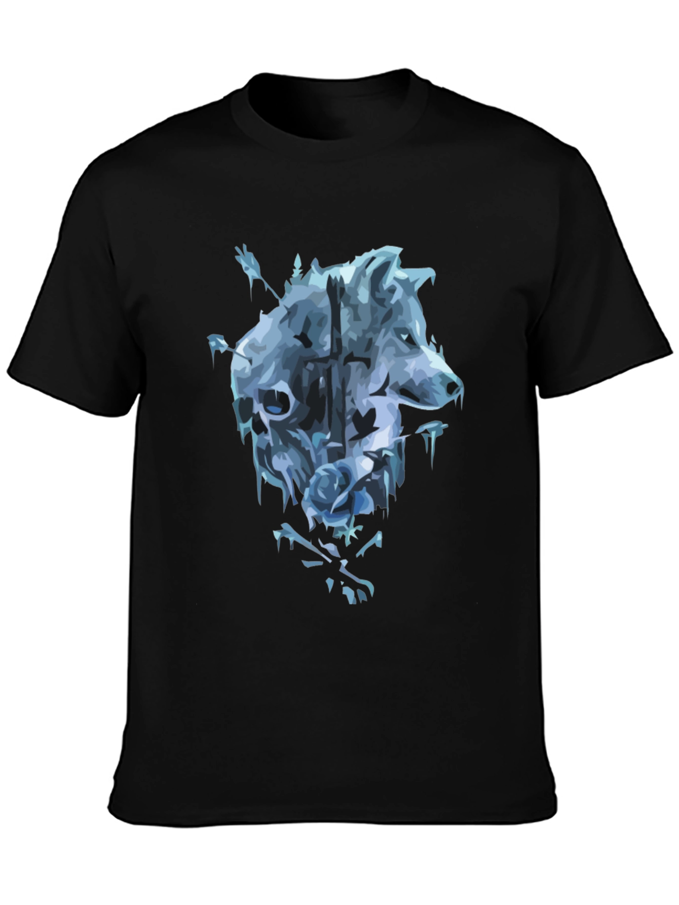 Black Wolf Skull Rose Graphic T-Shirt - Men's Black Tee view 3