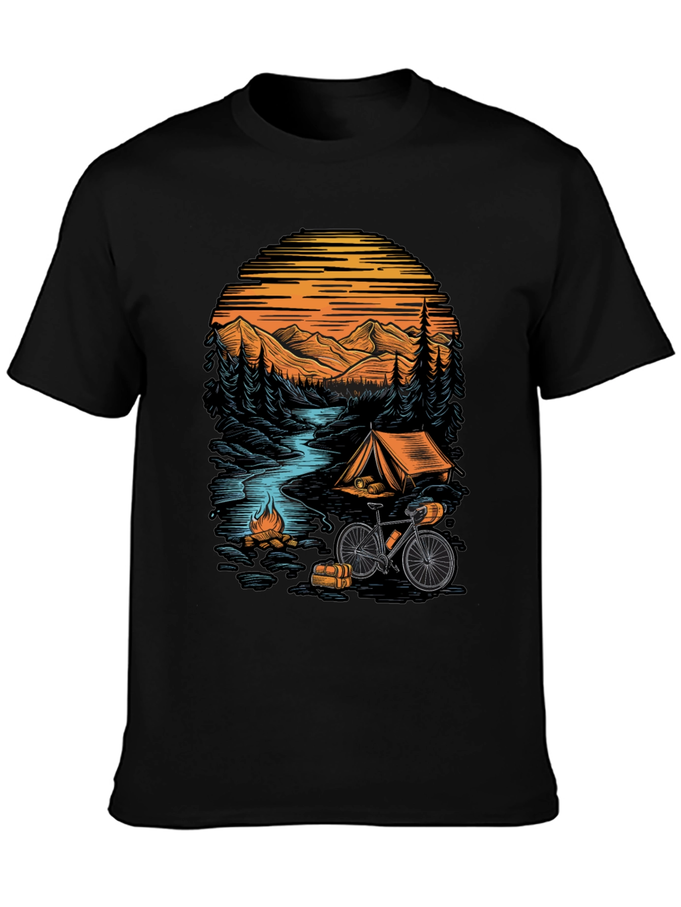 Black Adventure Camping T-Shirt - Mountain & Bicycle Design view 3