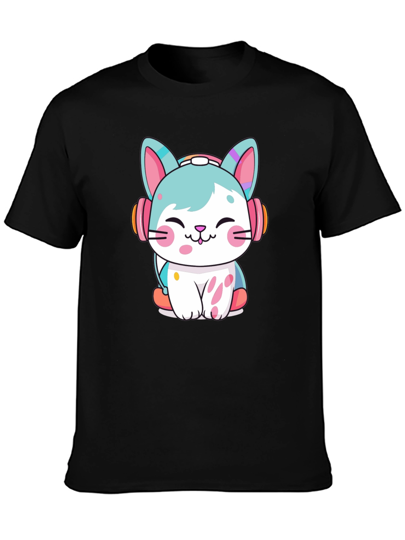 Black Cute Cat with Headphones Graphic Tee view 3