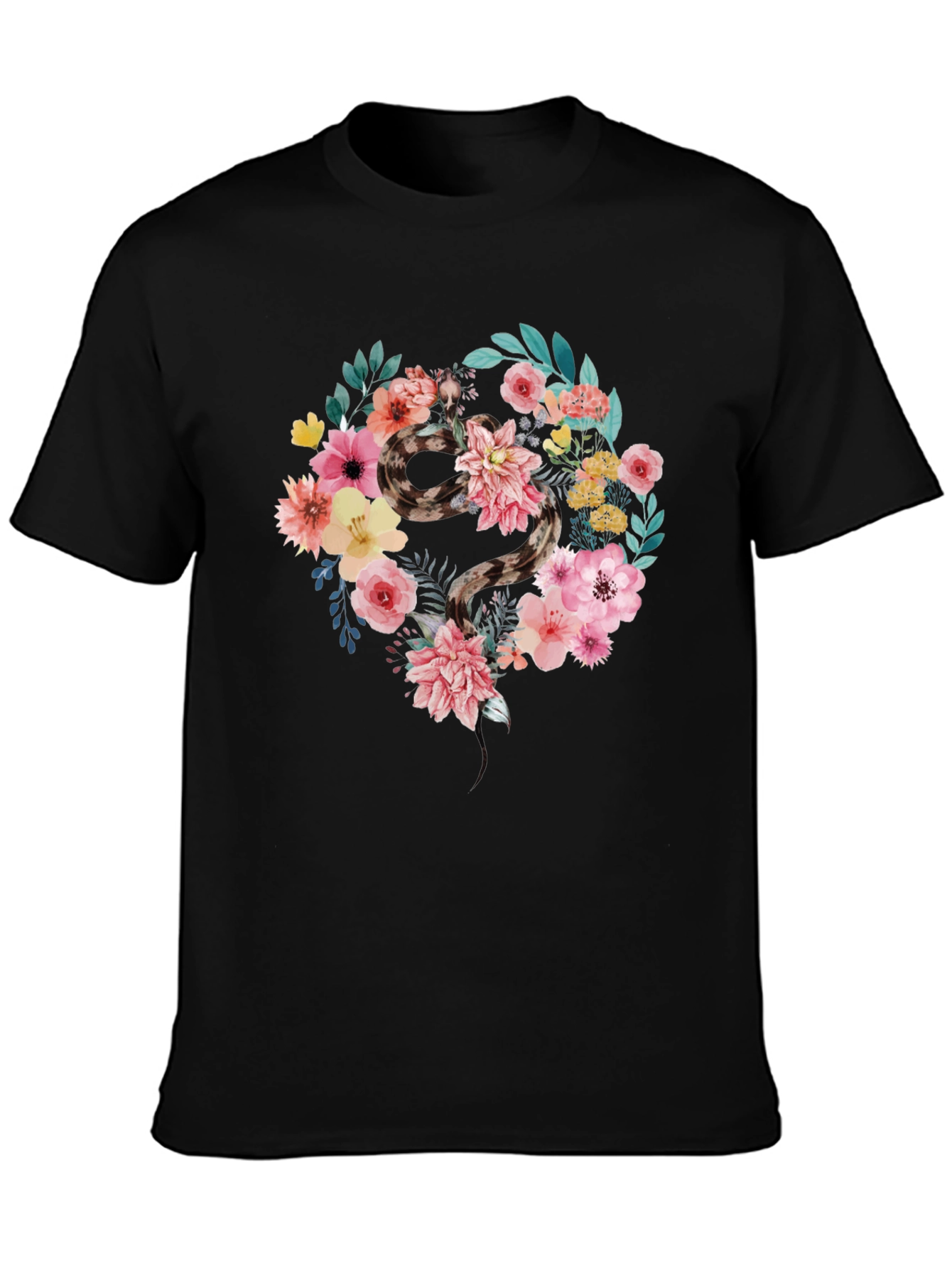 Black Floral Snake Graphic Tee - Unisex Cotton Blend Shirt view 3