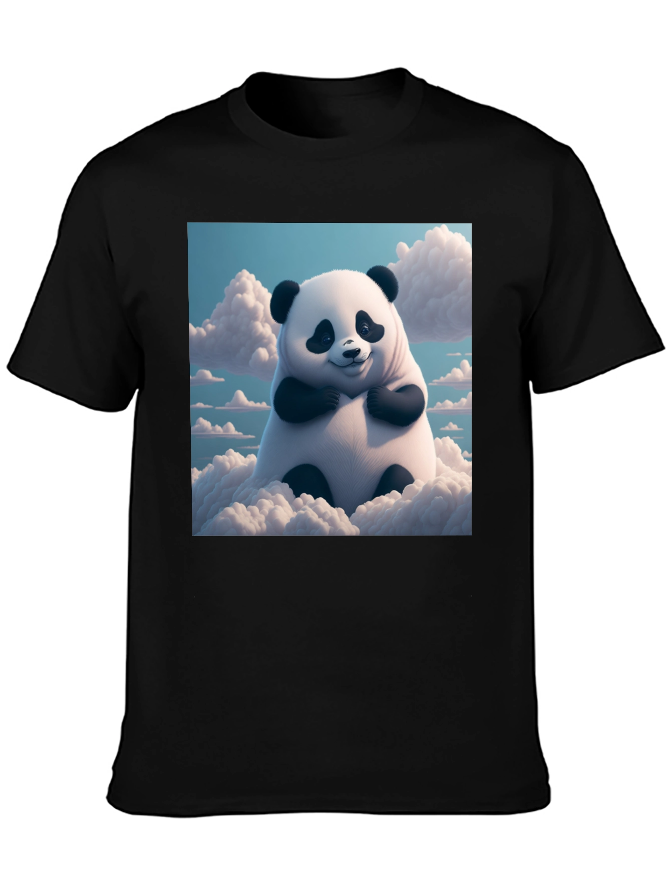 Black Cute Panda in Clouds Graphic Tee - Black Cotton T-Shirt view 3