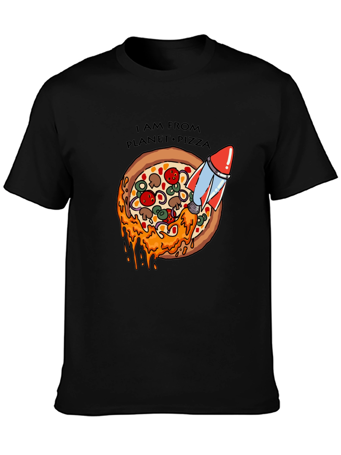 Black Planet Pizza T-Shirt - Rocket Launch Design view 3