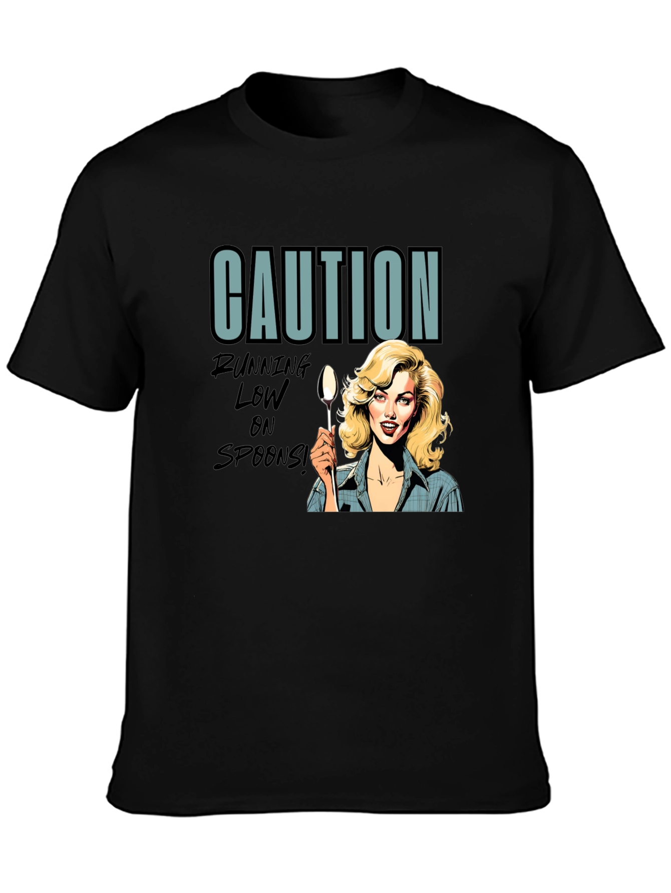 Black Caution Running Low On Spoons T-Shirt view 3