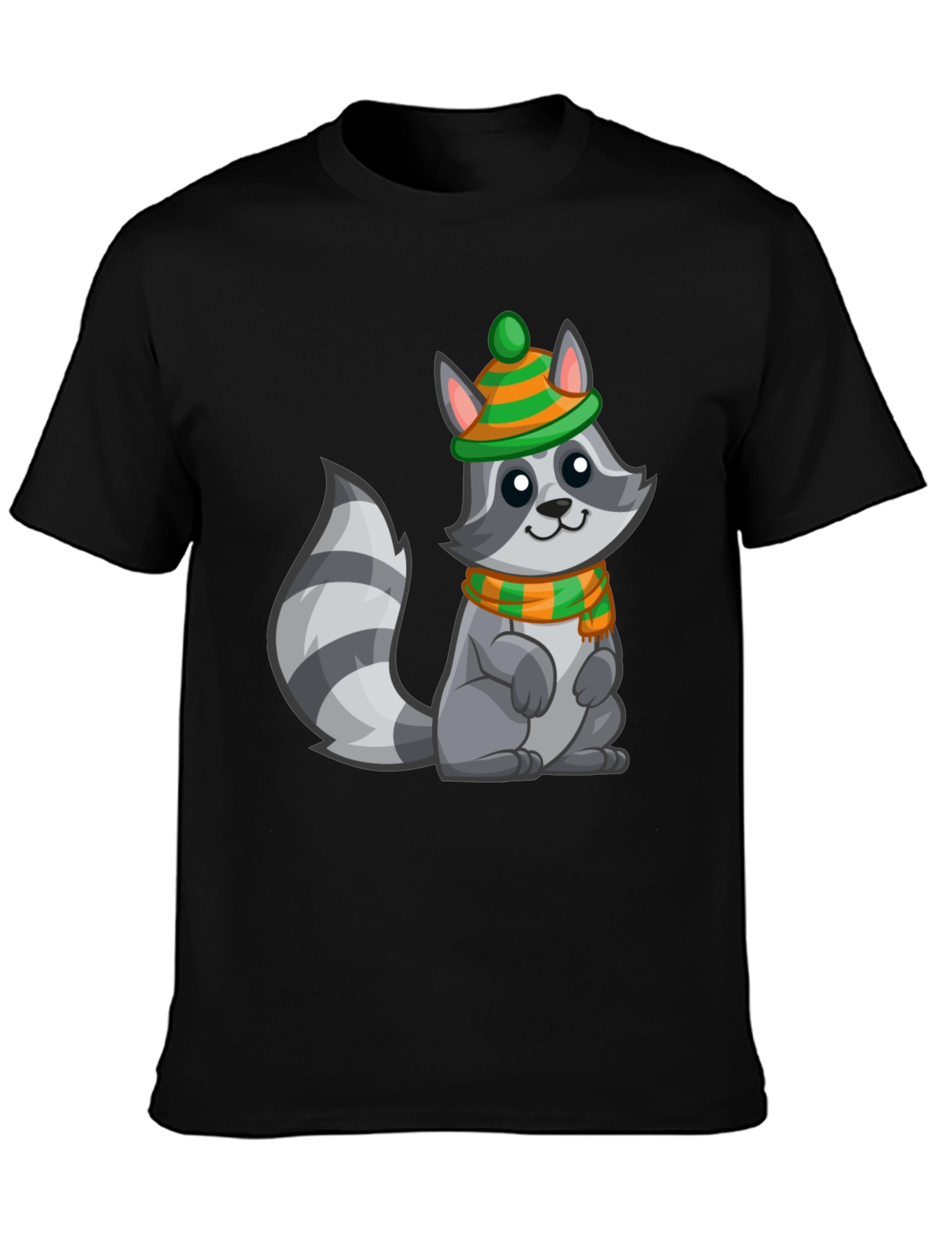 Black Cute Raccoon T-Shirt with Winter Hat and Scarf - Unisex Tee view 3