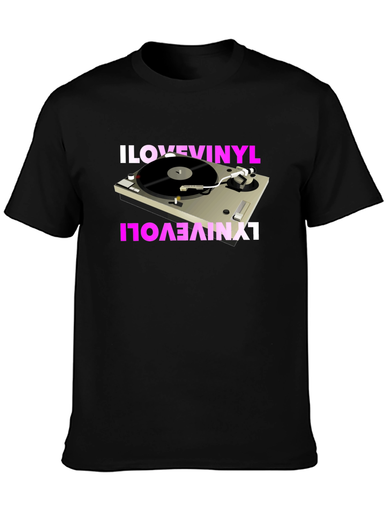 Black I Love Vinyl Turntable Graphic T-Shirt view 3