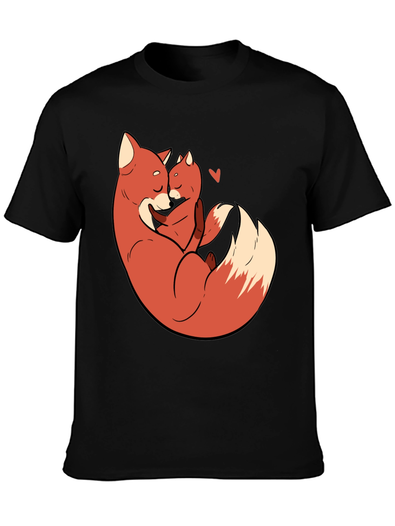 Black Fox Mom & Cub Love T-Shirt - Black, Cartoon Design view 3