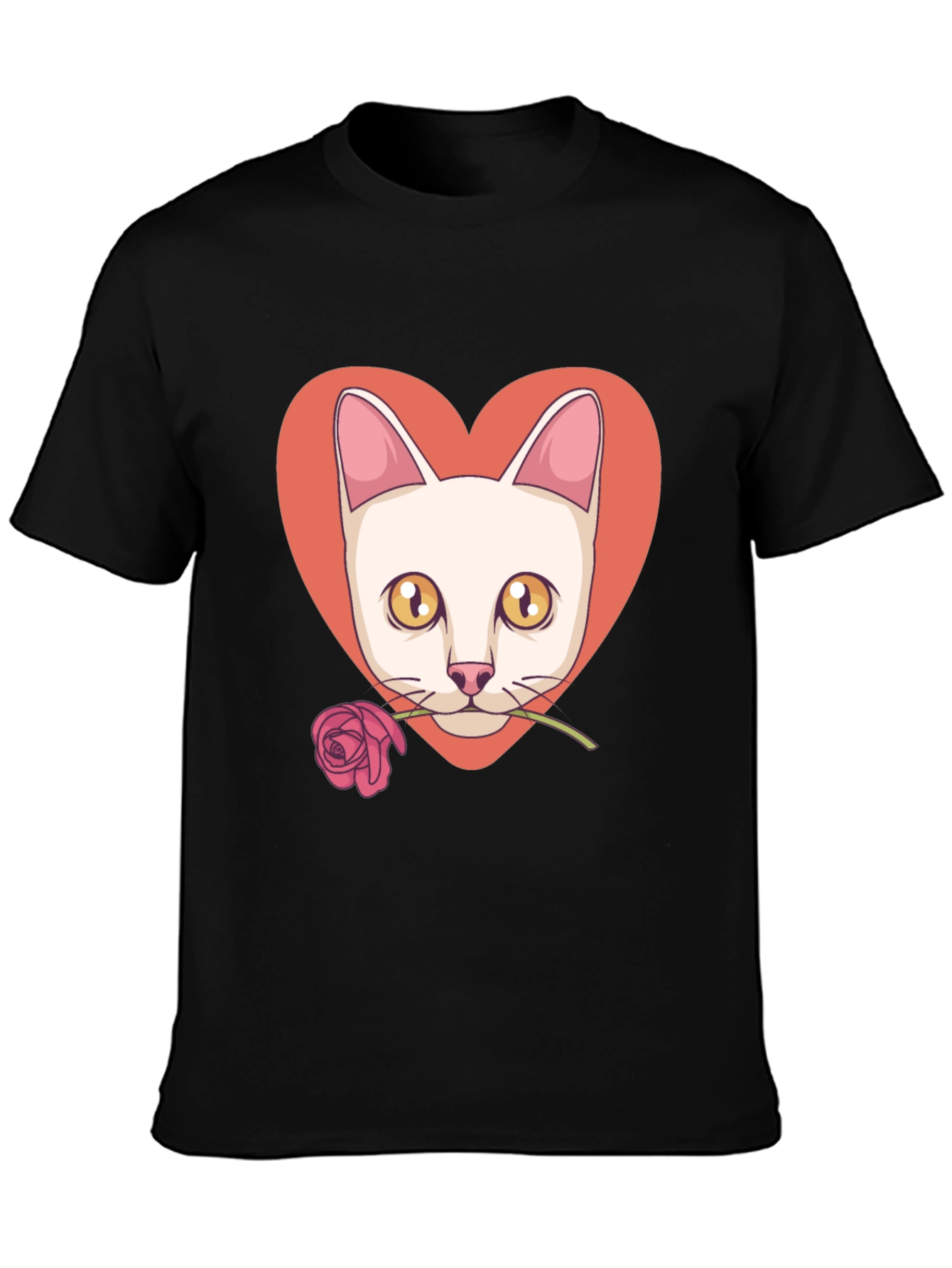 Cat & Rose Heart Graphic T-Shirt - Black - 3